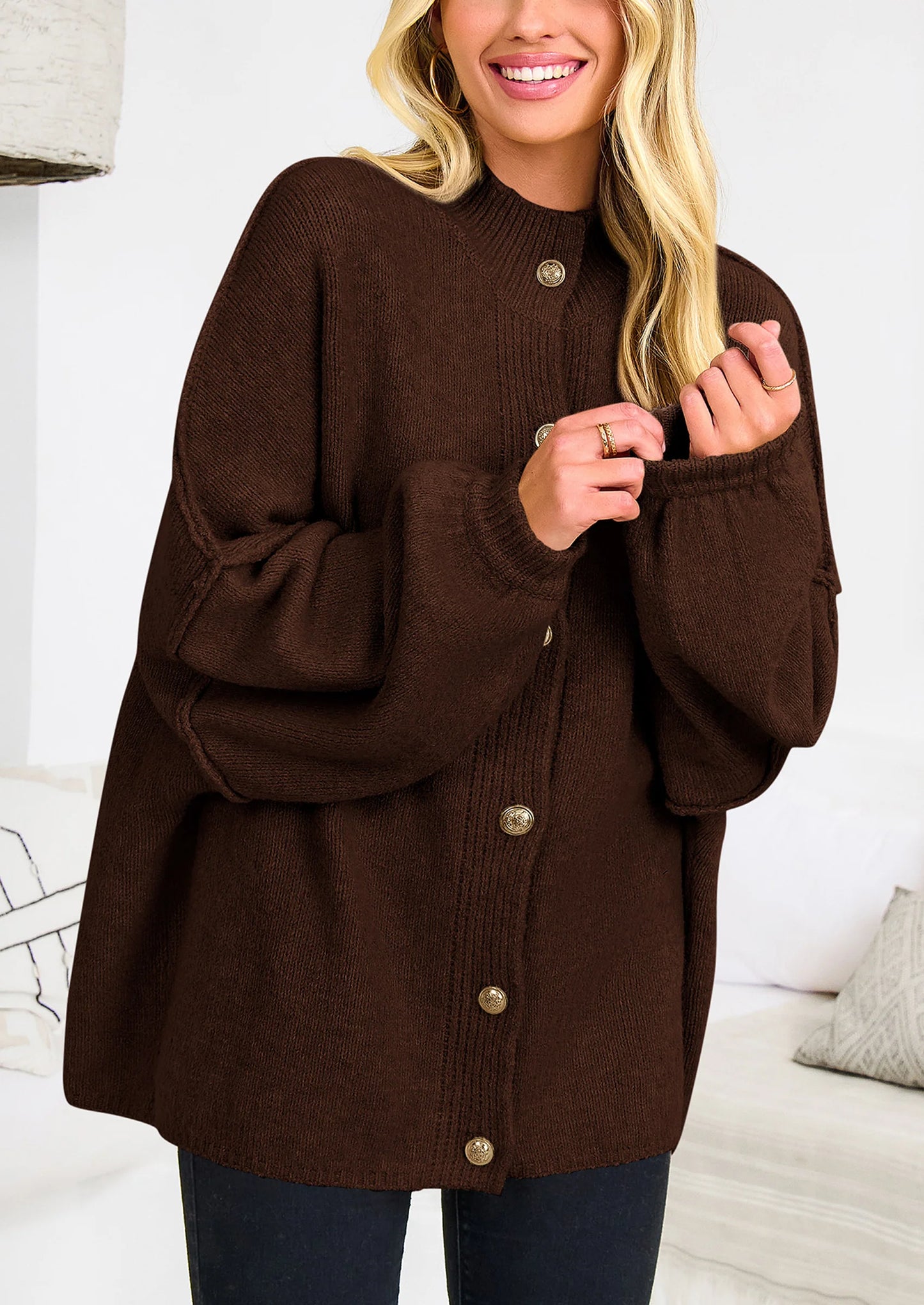 Women's Winter Button Down Cardigan Sweaters Mock Neck Lantern Long Sleeve Chunky Knit Jacket Trendy Outerwear