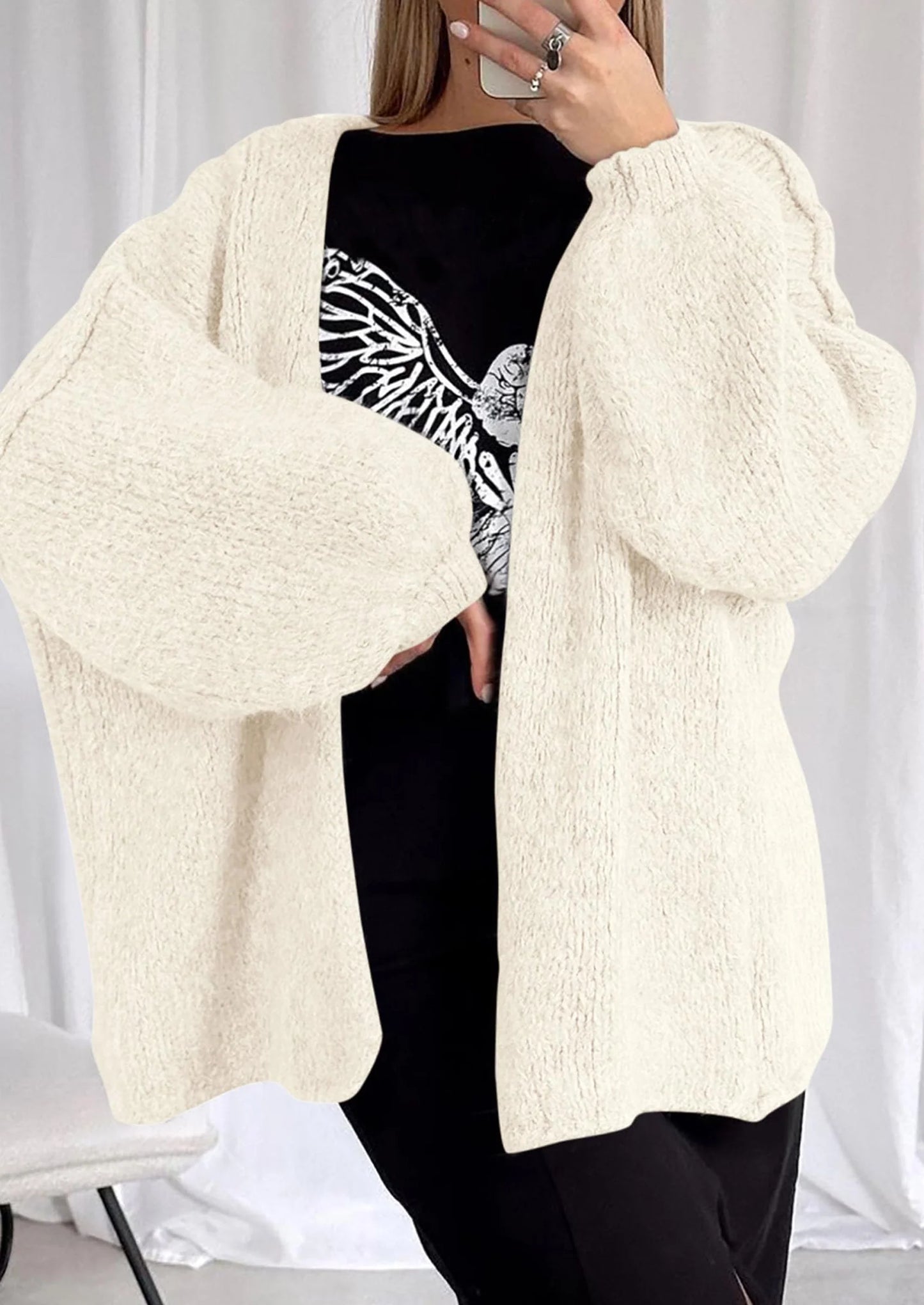 Womens Oversized Cardigan Sweaters Fall Long Lantern Sleeve Knit Open Front Lightweight Sweater