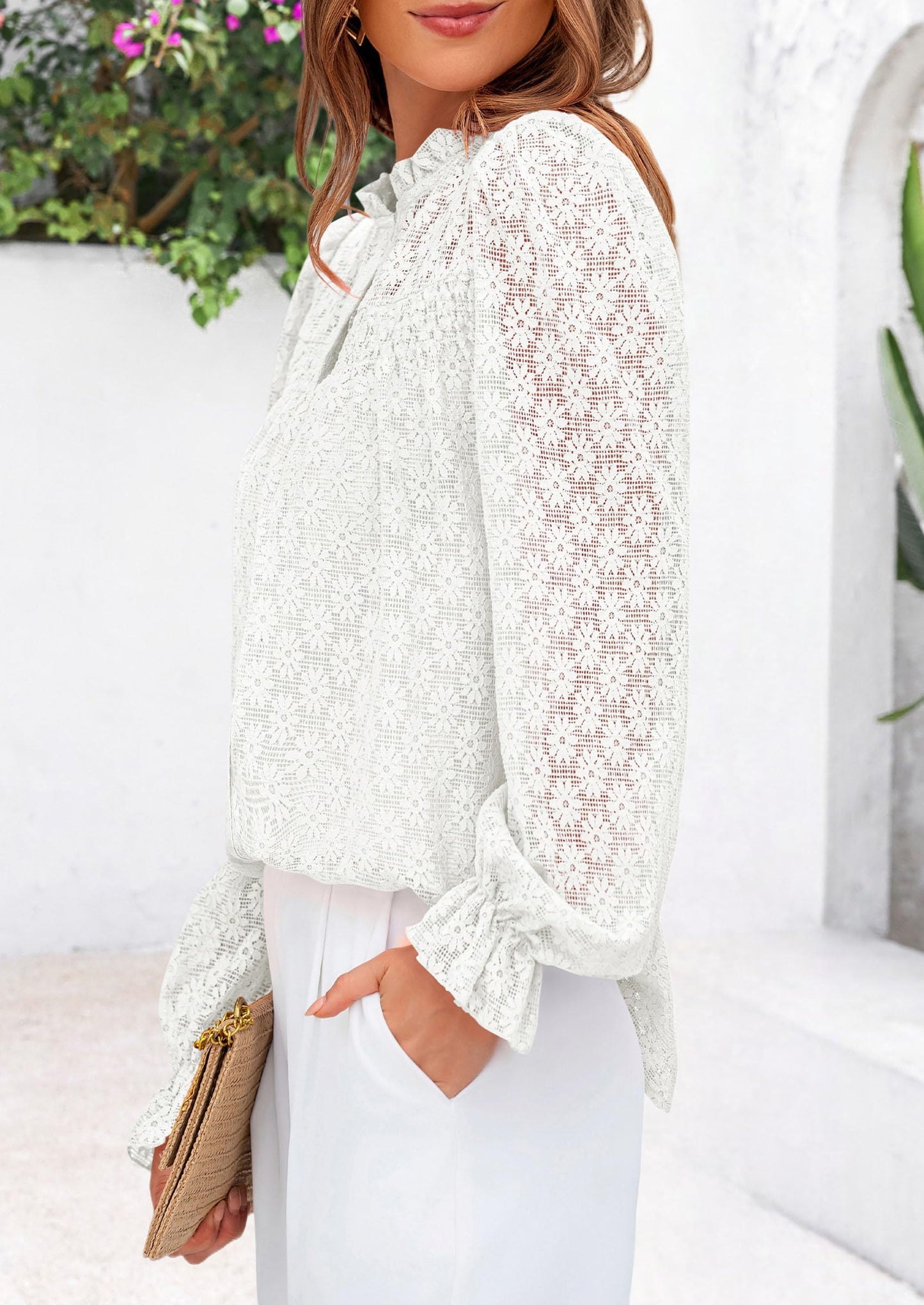Lace Long Sleeve Tops for Women Eyelet Blouses Dressy Casual Hollow Out Button Down Shirts Summer Outfits