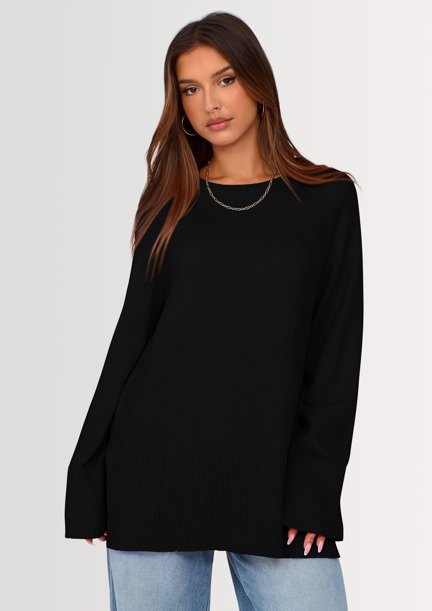 Women's Knit Fall Sweaters Long Sleeve Pullover Crewneck Split Hem Oversized Tunic Sweater Tops Winter Clothing