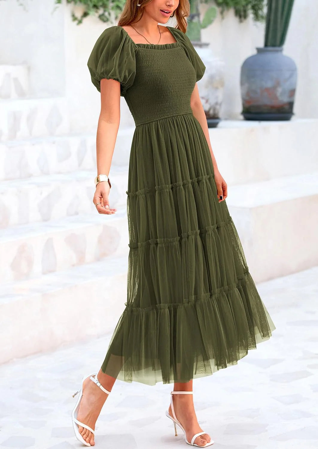 Women's Smocked Tulle Midi Dress Square Neck Puffy Short Sleeve Ruffle Wedding Guest Party Dresses