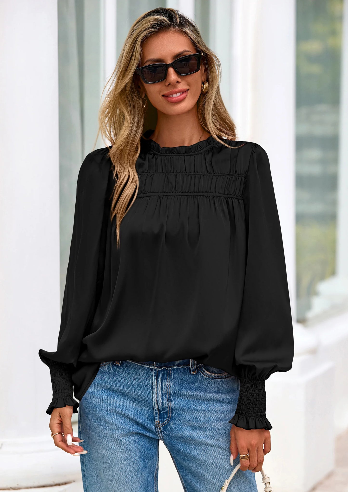 Blouses for Women Dressy Casual Fall Outfits Frill Neck Long Sleeve Shirts Satin Work Business Casual Tops