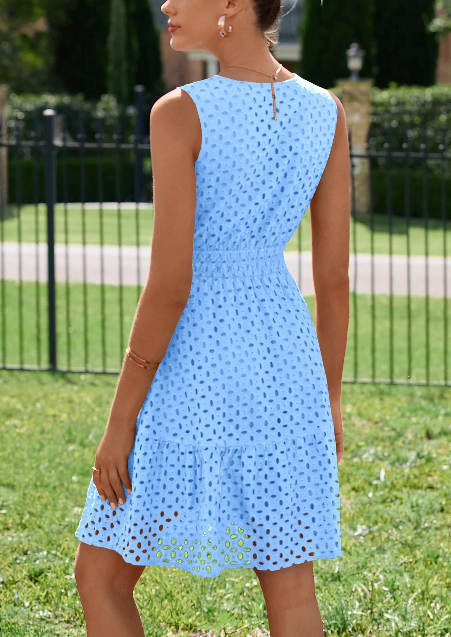 Women's Summer Dresses Sleeveless V Neck Eyelet Hollow Out Swing A Line Beach Vacation Sun Dress