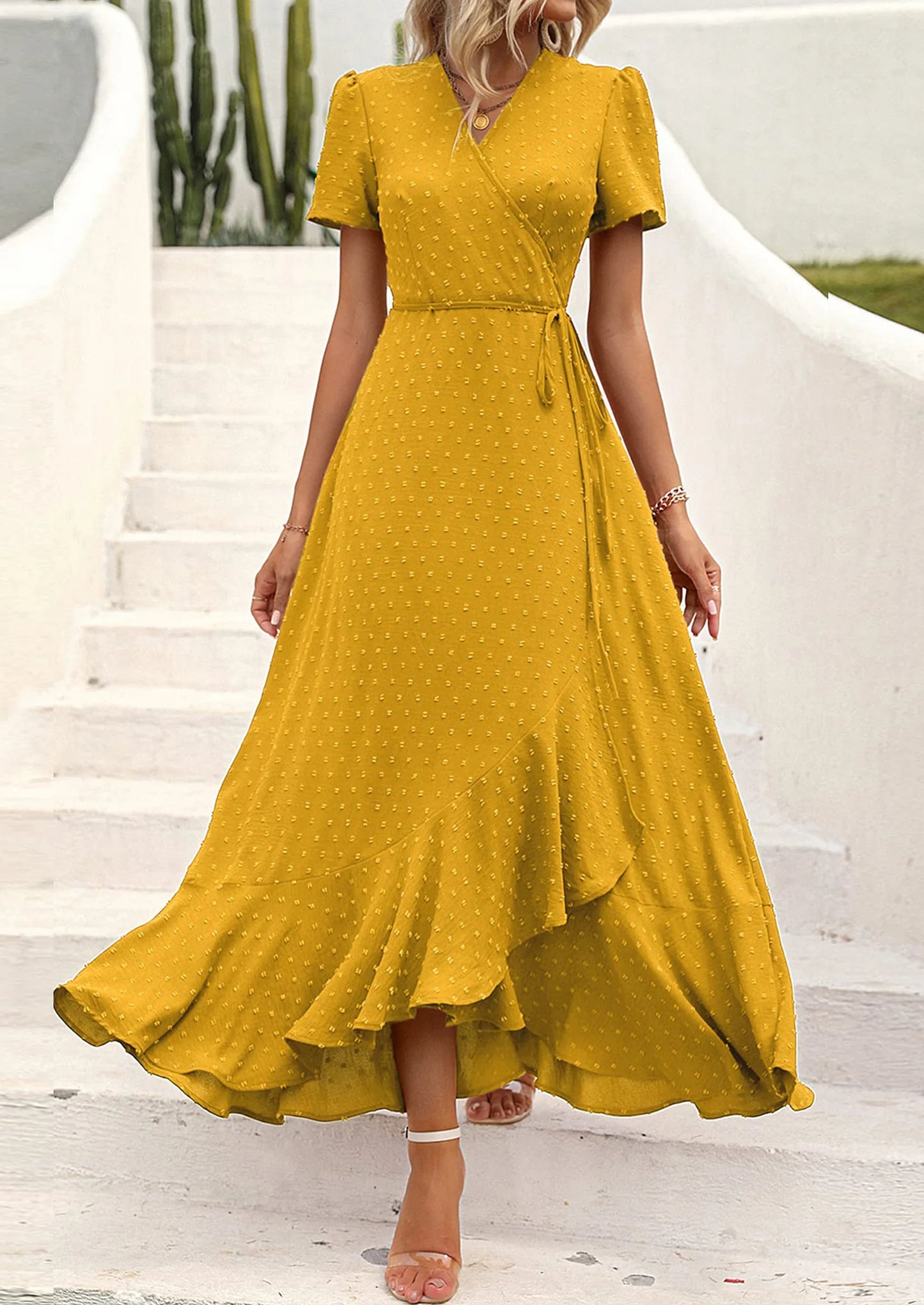 Women's Summer Maxi Dress Casual Wrap Floral Boho Short Sleeve V Neck Split Ruffle Beach Long Dresses