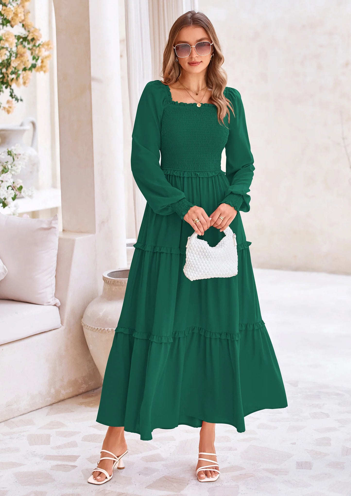 Fall Wedding Guest Dresses for Women Long Sleeve Square Neck Tiered A Line Modest Elegant Flowy Dresses