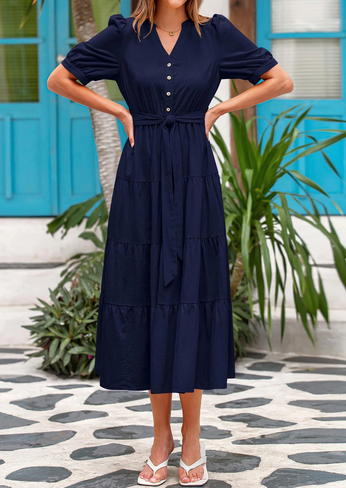 Women's Midi Dress Casual Short Sleeve V Neck Buttons Belted Ruffle A Line Flowy Dress with Pockets