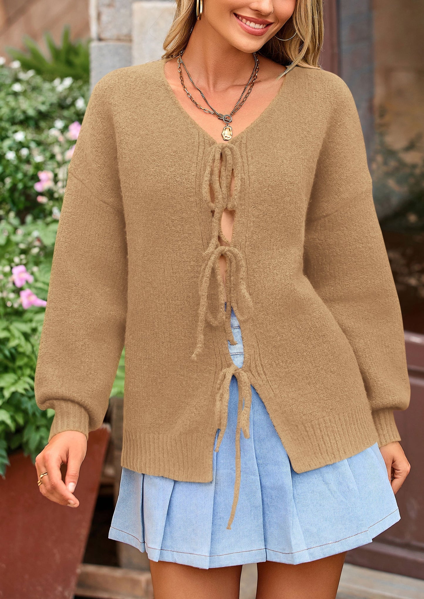 Women's Tie Front Bow Cardigan Sweaters Chunky Knit Long Puff Sleeve Trendy Fall Winter Jacket Coats
