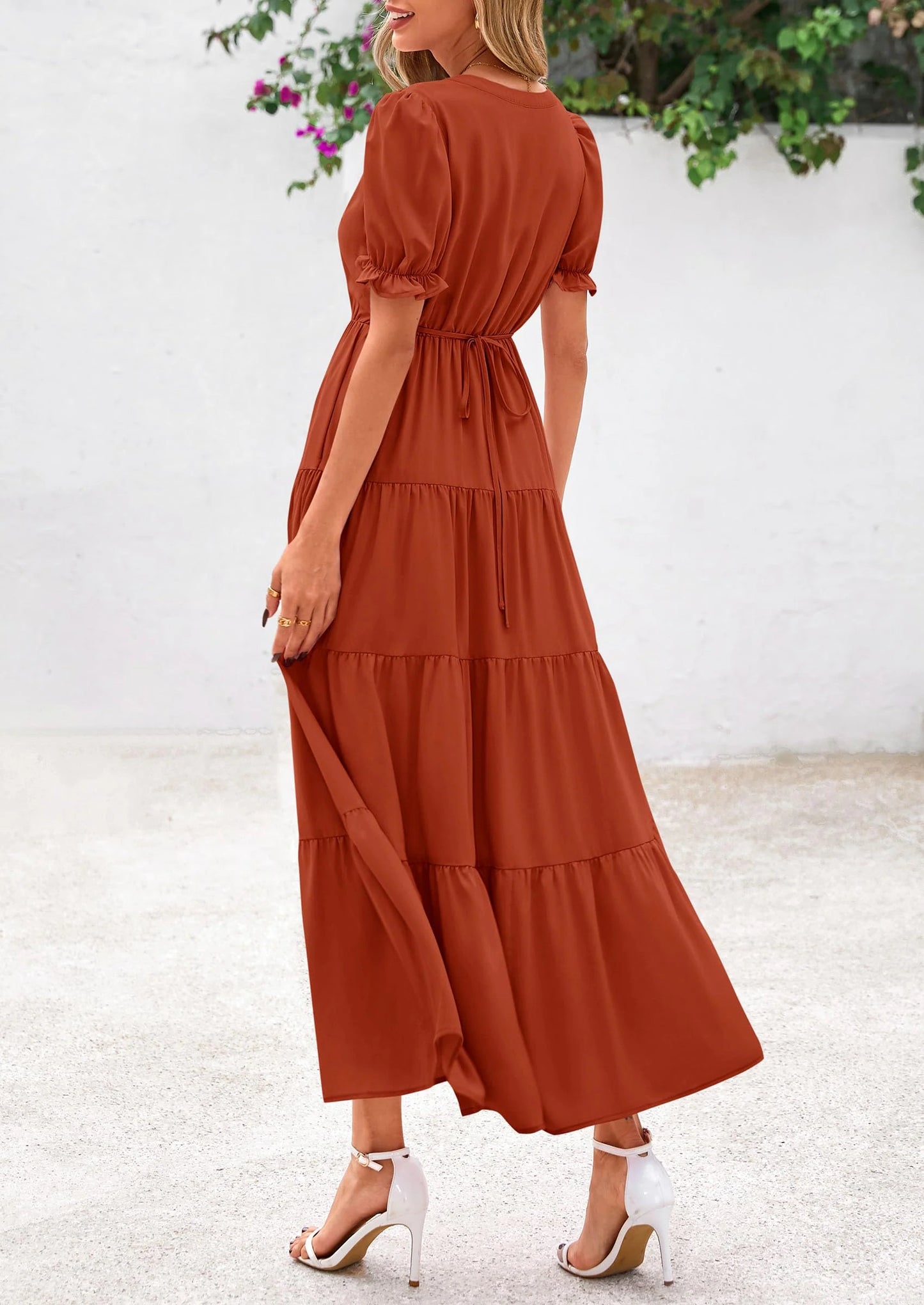Women's Casual Short Sleeve V Neck Midi Dresses Spring A-line Tiered Wedding Guest Dress