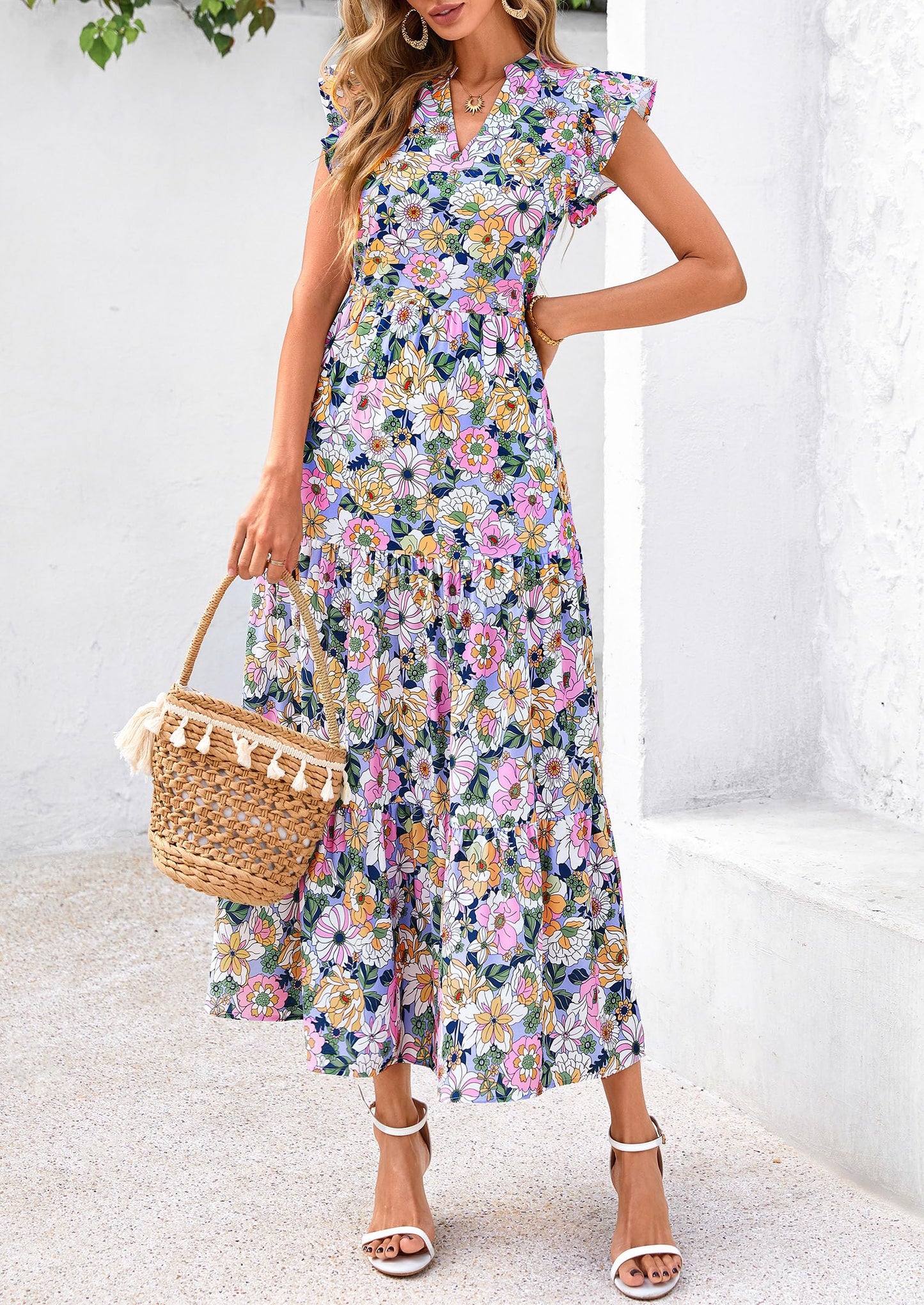 Women's Summer Floral Midi Dress Cap Sleeve V Neck Ruffle Long Flowy Boho Casual Beach Vacation Dresses