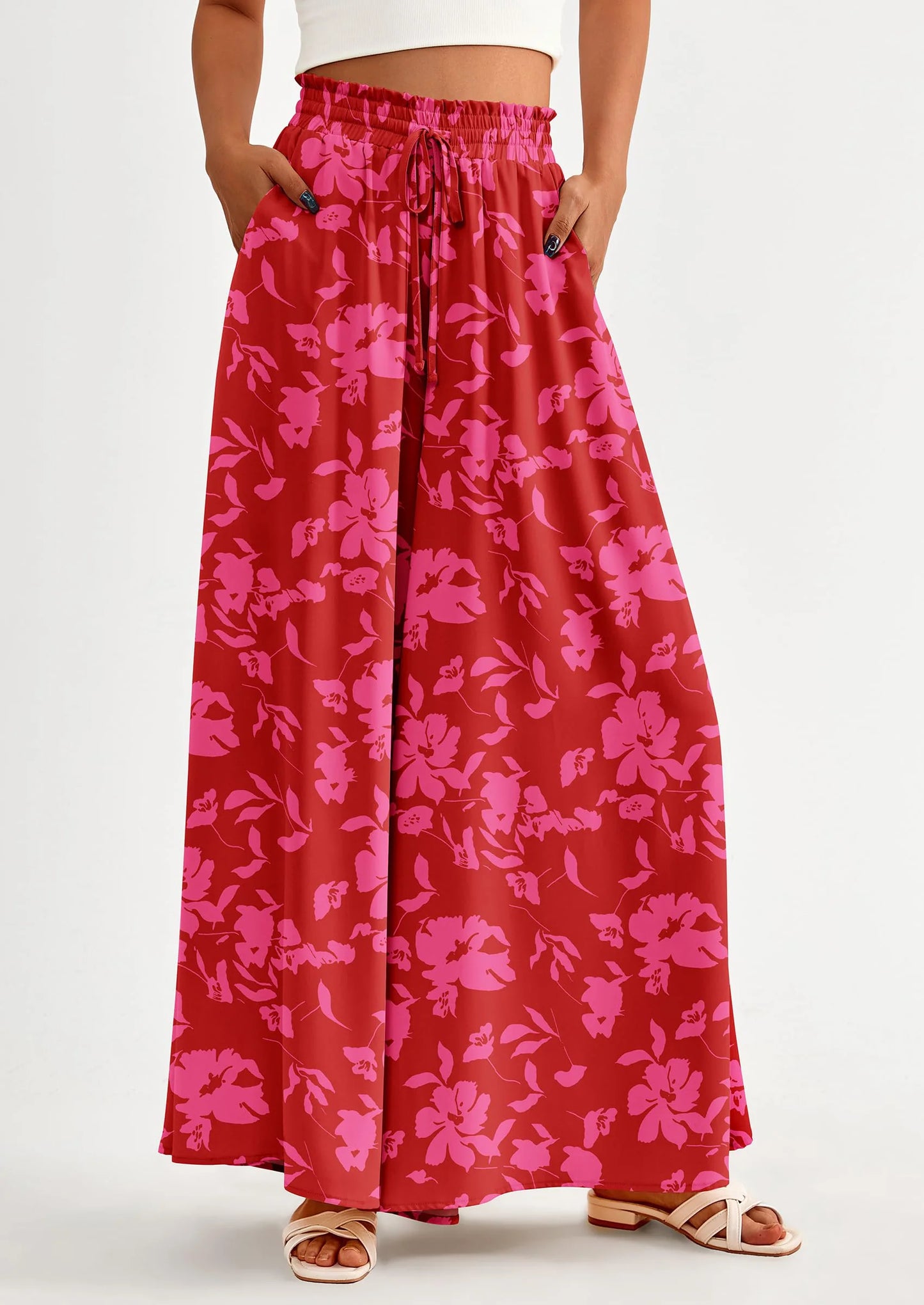 Women's Summer Wide Leg Palazzo Pants High Waisted Flowy Pockets Trendy Casual Lounge Boho Beach Trousers