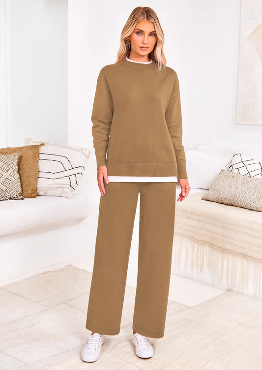 Two Piece Matching Sweater Lounge Sets Knit Long Sleeve Pullover Tops Wide Leg Pants