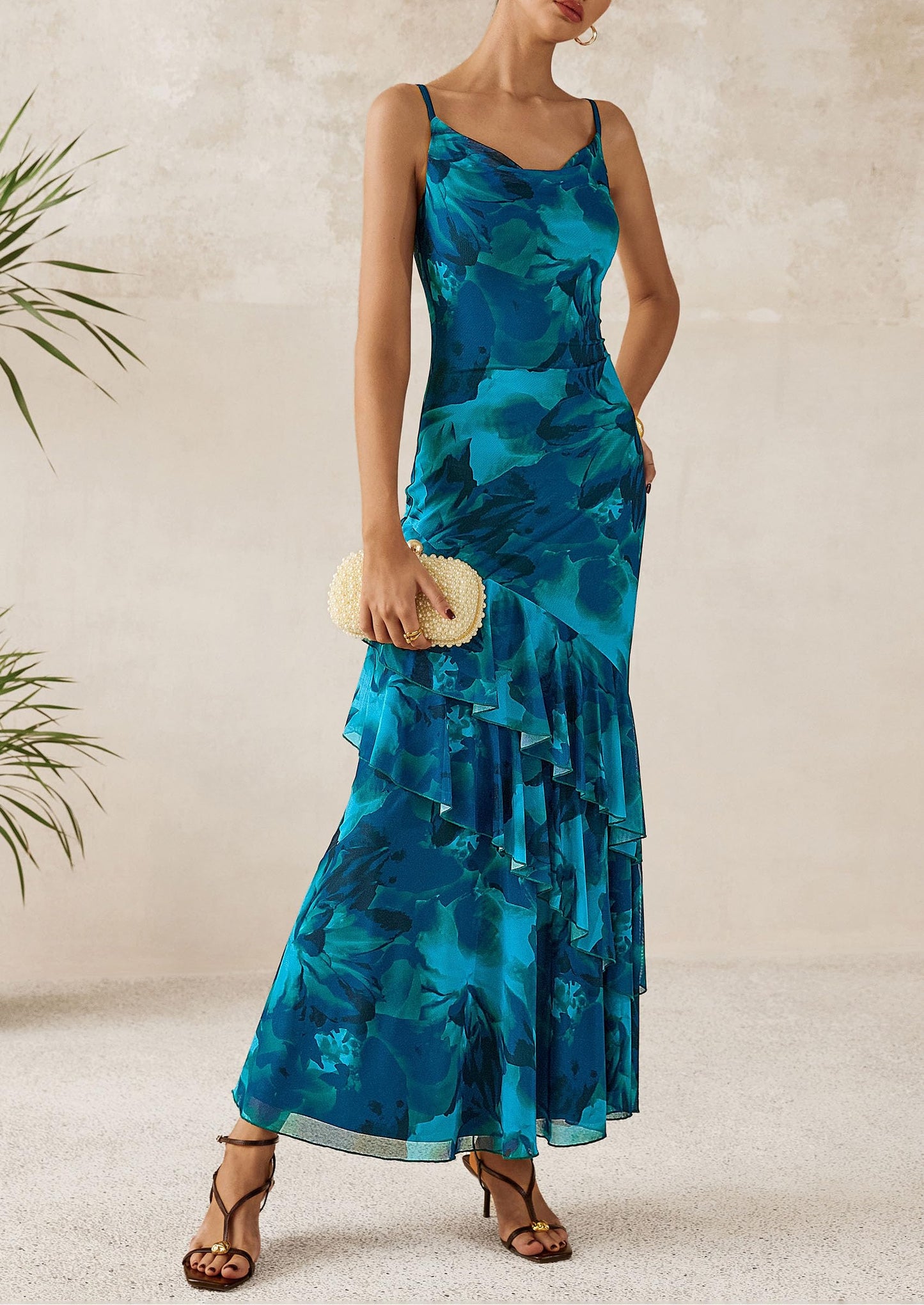 Maxi Dresses for Women Floral Beach Sundress Spaghetti Strap Tiered Wedding Guest Long Dress