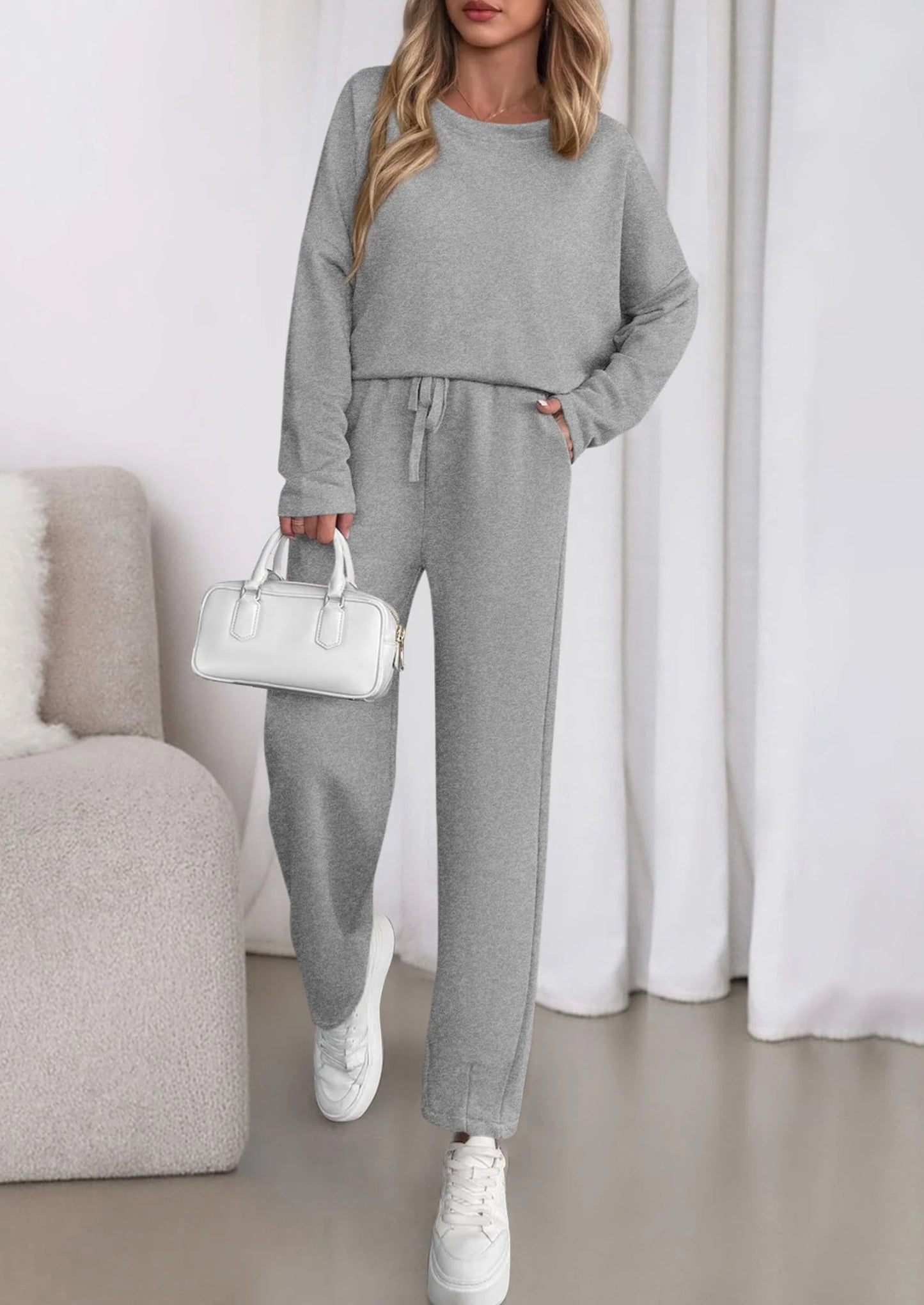 Womens 2 Piece Matching Lounge Sets Fall Long Sleeve Boatneck Sweatsuit Drawstring Sweatpants Pockets