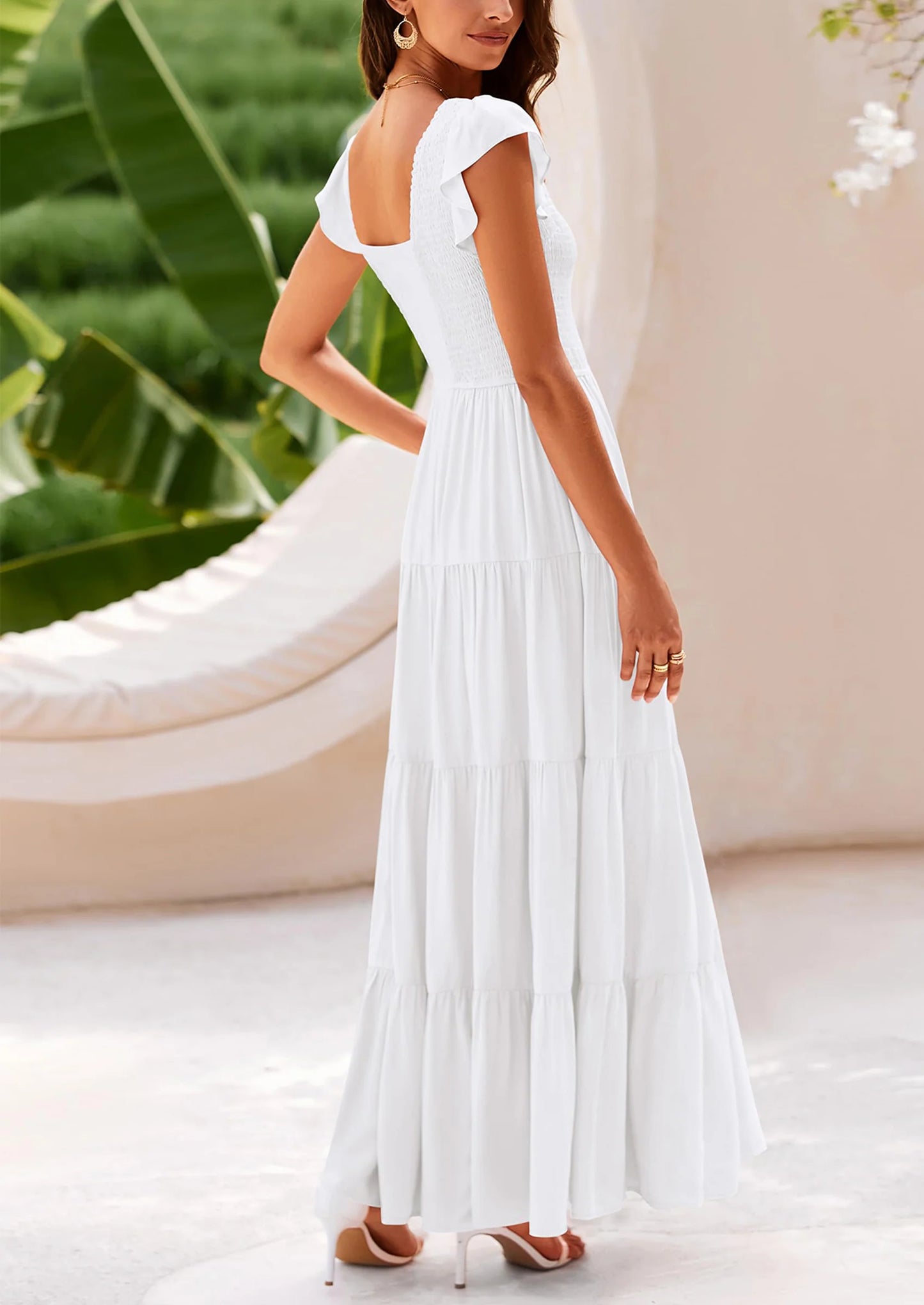 Women's Flowy Maxi Dress Casual Cap Sleeve V Neck Smocked Beach Sundress
