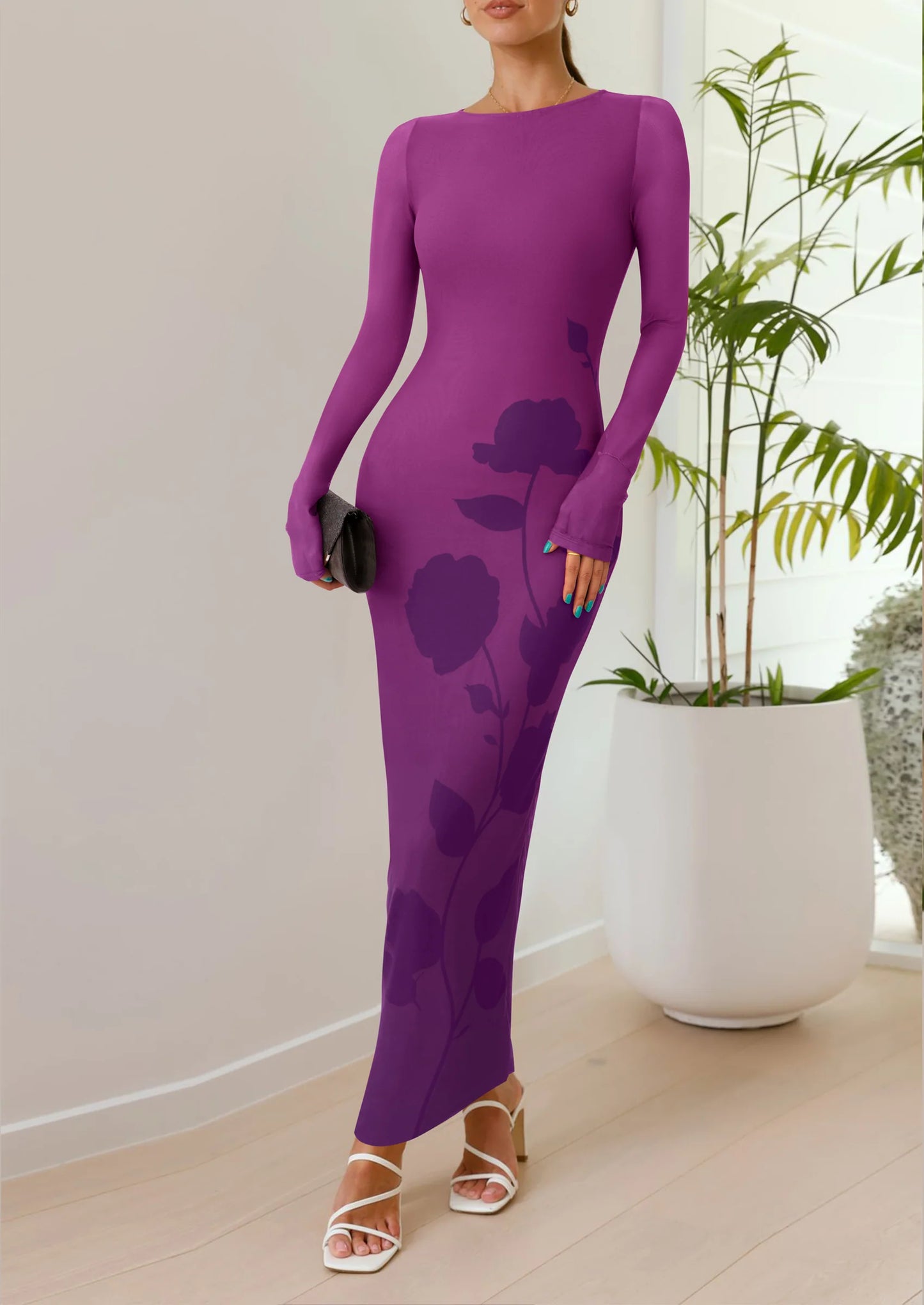 Bodycon Maxi Dress Fall Floral Long Sleeve Sexy Mesh Cocktail Wedding Guest Long Dresses