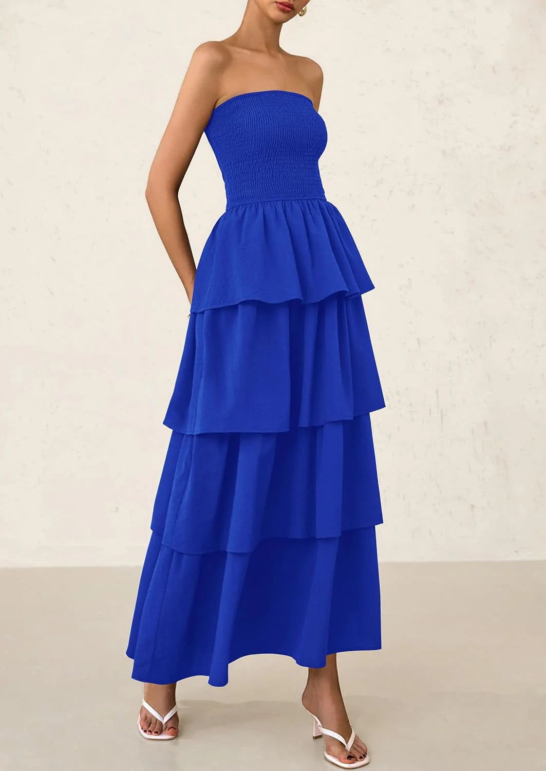 Maxi Dresses for Women Off Shoulder Smocked Tiered Ruffle Long Flowy Wedding Guest Dress