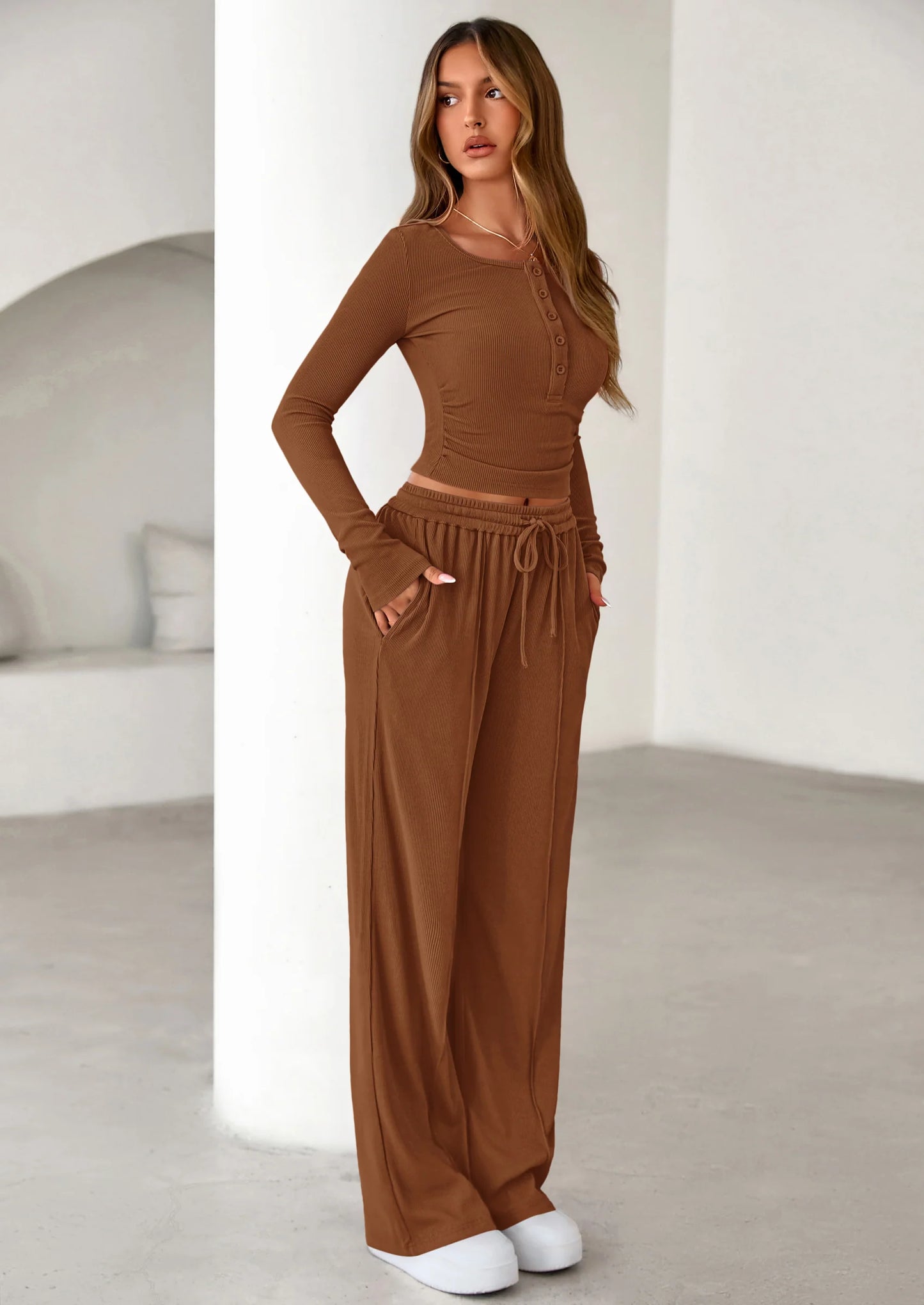 Women's Fall Trendy 2 Piece Outfits Lounge Sets Long Sleeve Top Henley Shirts Wide Leg Pants Travel Clothes