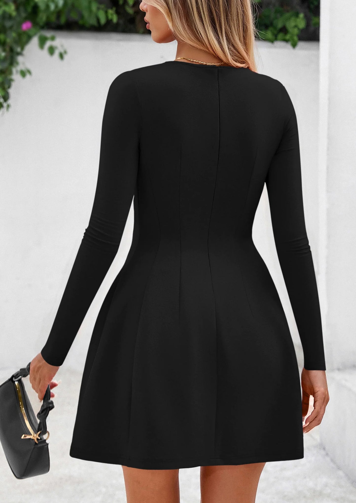 Long Sleeve Mini Dress for Women Fall Crewneck Knit Pleated Babydoll A Line Soft Casual Short Party Dresses