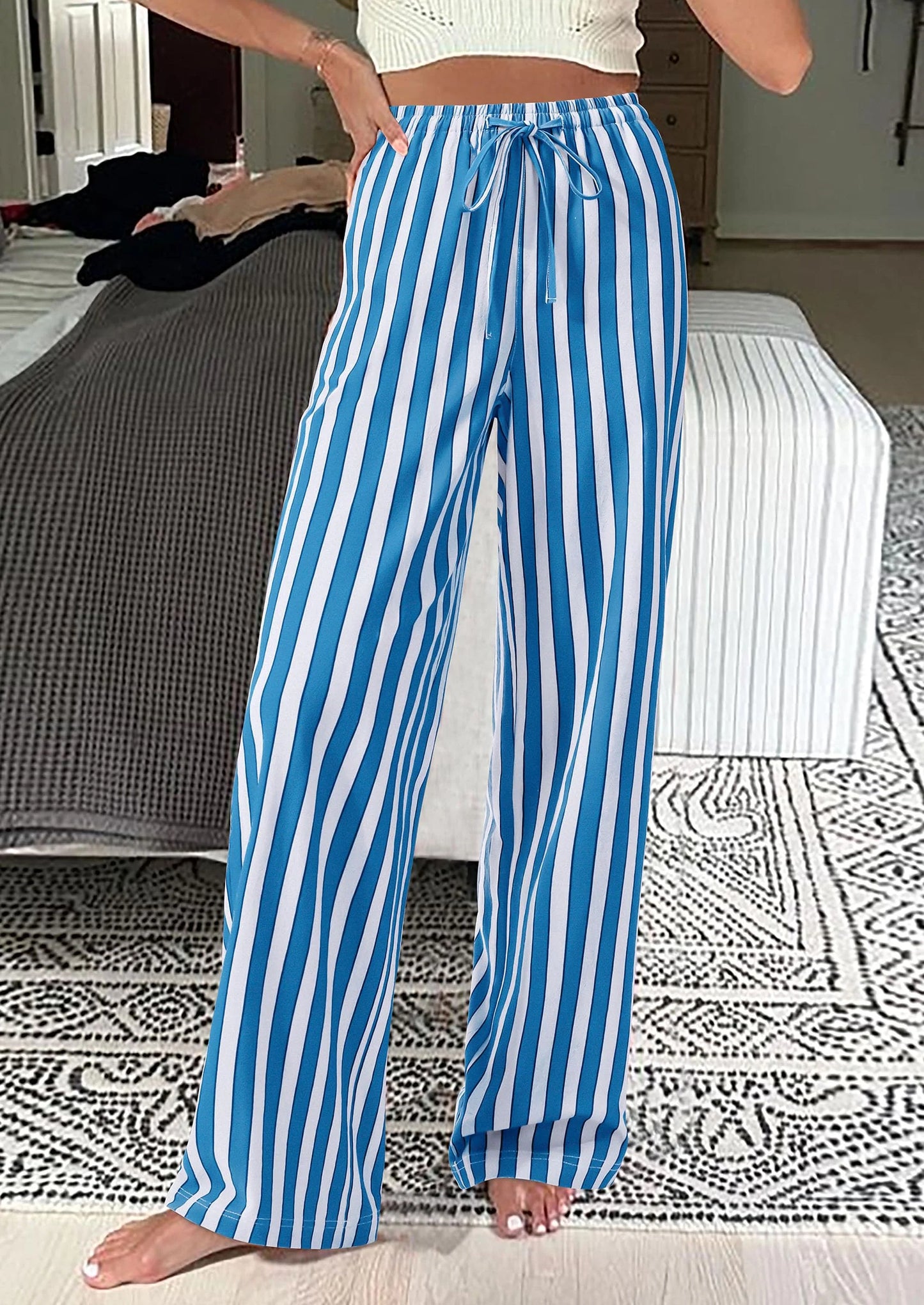 Women's Summer Striped Wide Leg Lounge Pants Trendy Clothes Drawstring Elastic Waist Comfy Pajama Bottoms