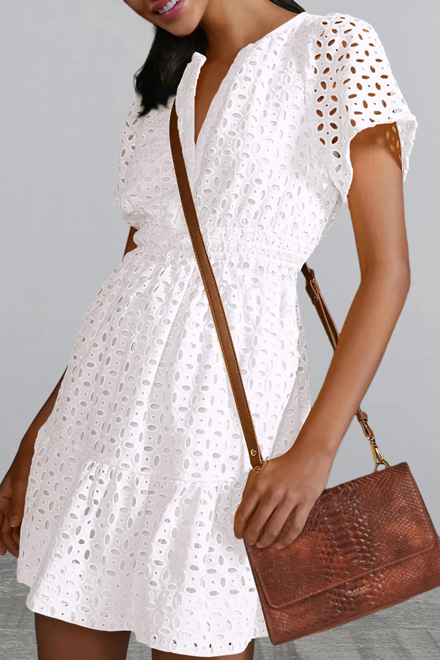 Women Summer Short Dress V Neck Short Sleeve A Line Hollow Out Lace Ruffle Cute Casual Beach Party Dresses