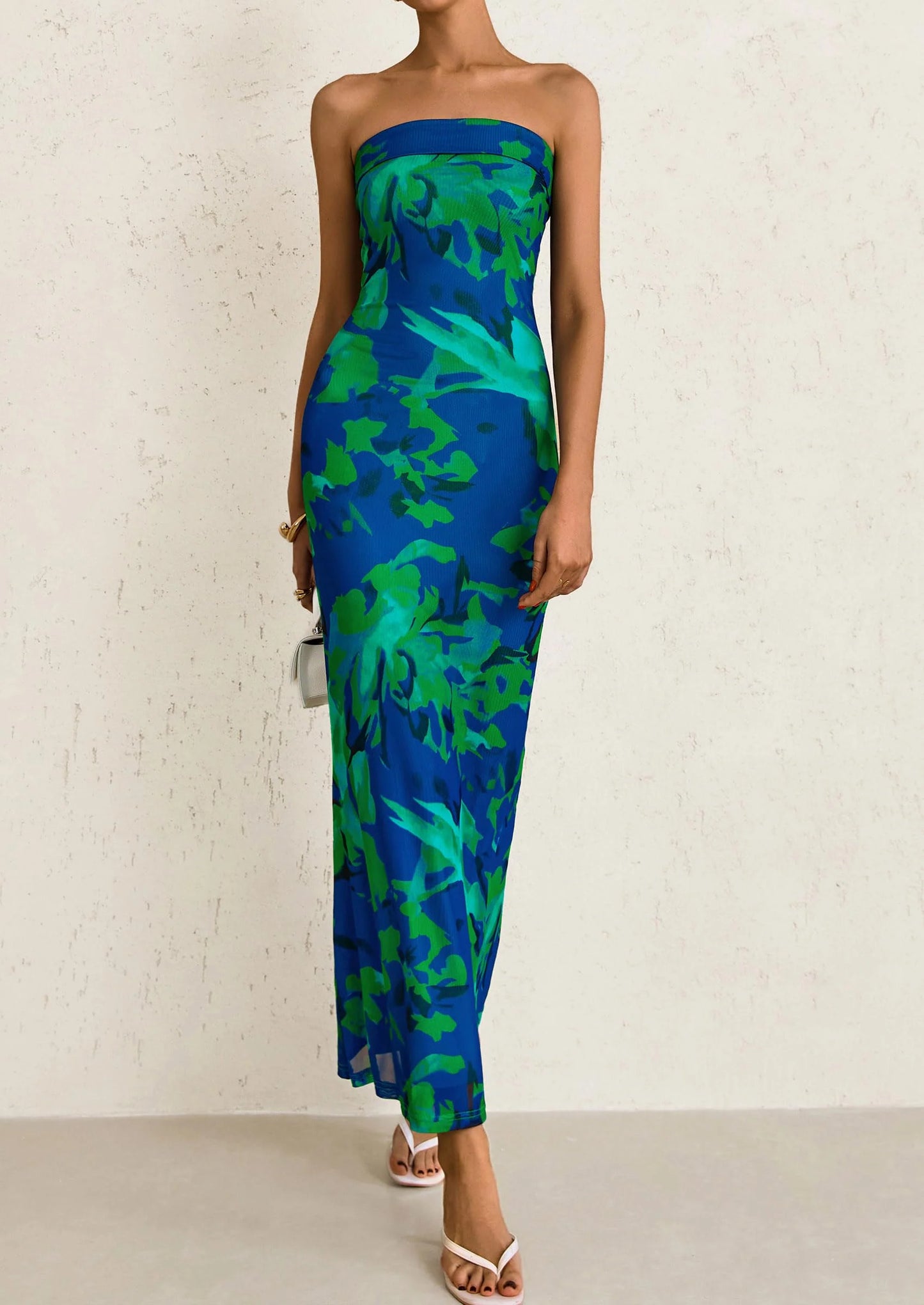Womens Printed Tube Maxi Dress Strapless Bodycon Sleeveless Night Out Long Dresses