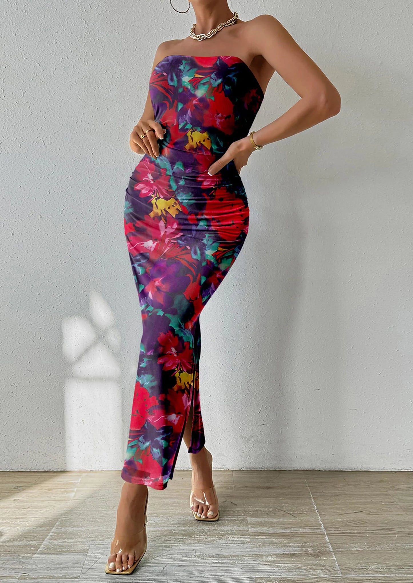 Women's Maxi Bodycon Dresses Strapless Tube Top Slit Floral Printed Party Club Long Dress