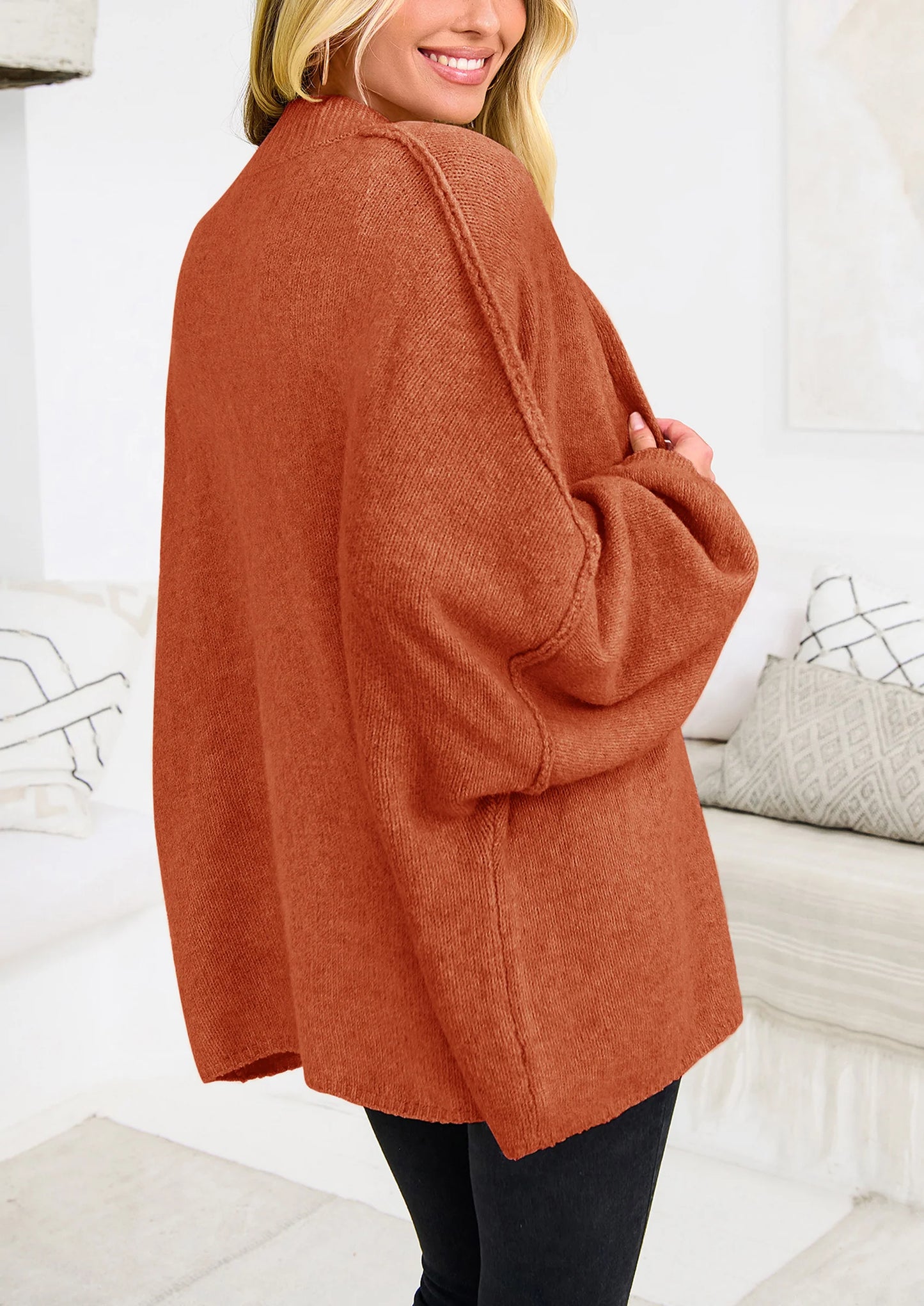Women's Winter Button Down Cardigan Sweaters Mock Neck Lantern Long Sleeve Chunky Knit Jacket Trendy Outerwear