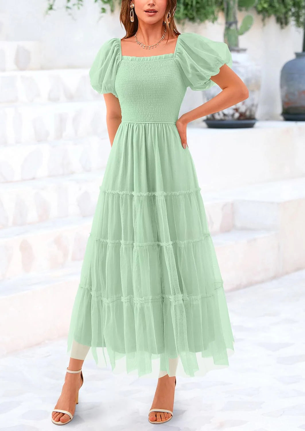 Women's Smocked Tulle Midi Dress Square Neck Puffy Short Sleeve Ruffle Wedding Guest Party Dresses
