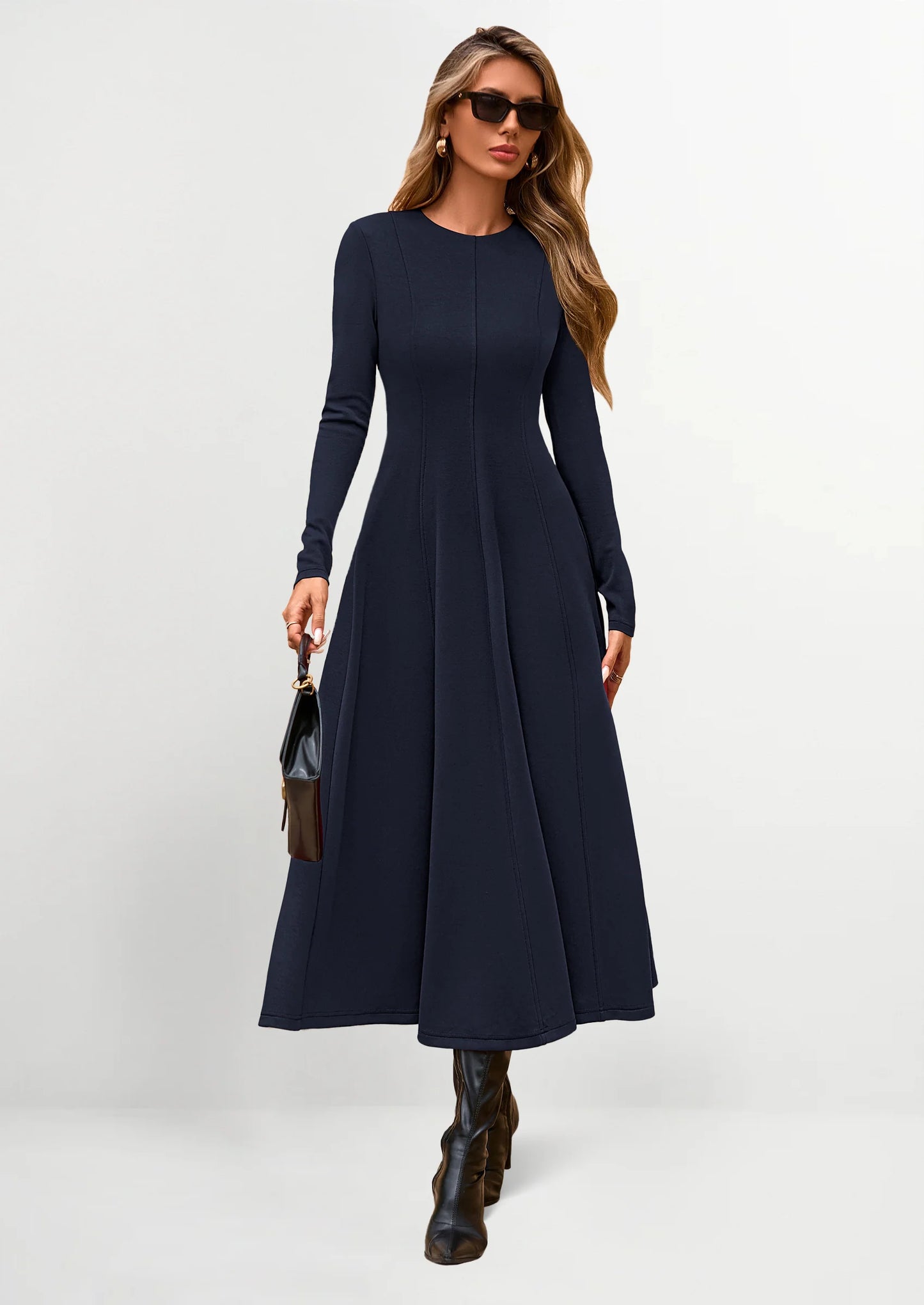 Women's Fall Long Sleeve Midi Dress Casual Elegant Ruffle Flowy A Line Swing Cocktail Party Dresses