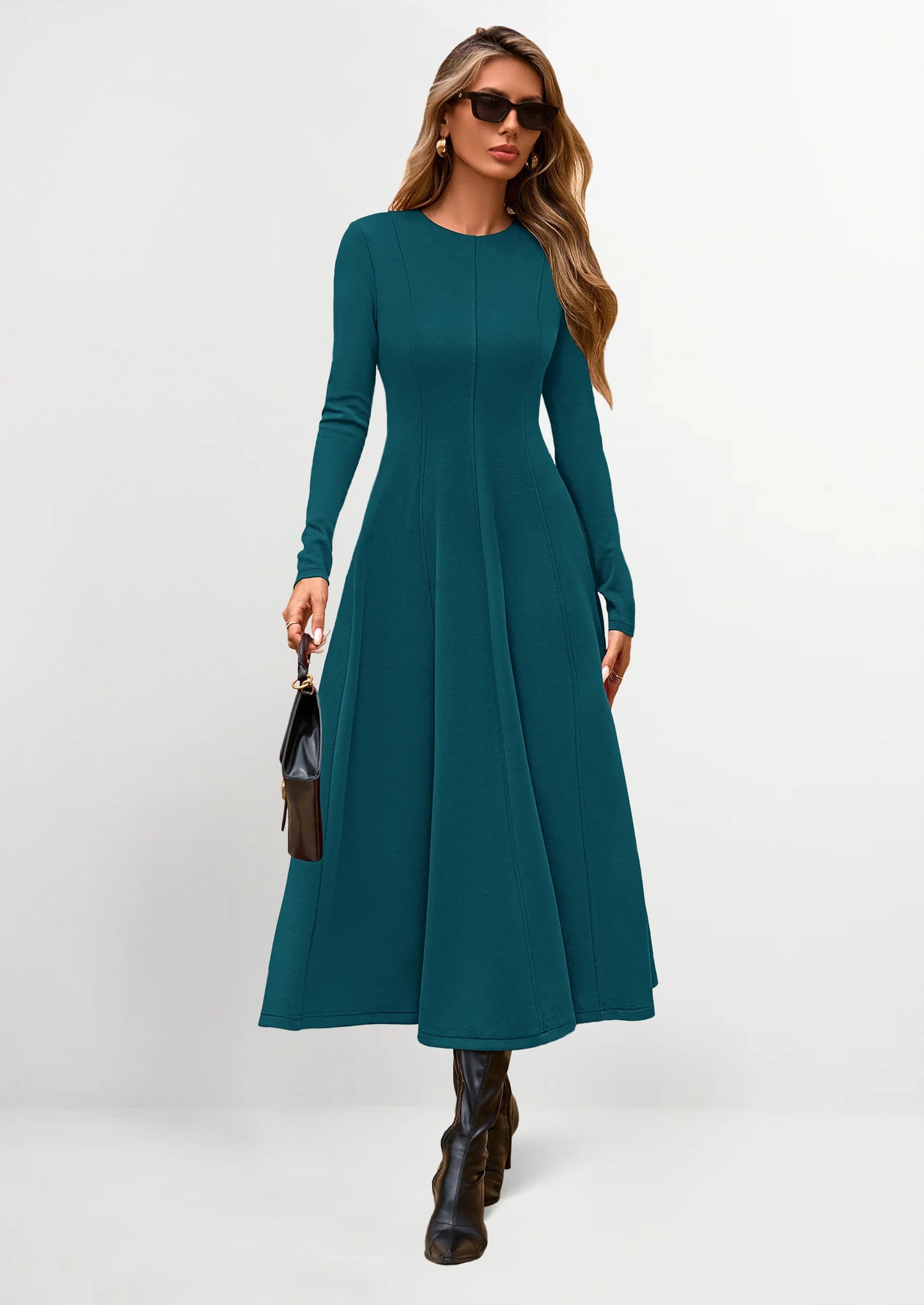 Women's Fall Long Sleeve Midi Dress Casual Elegant Ruffle Flowy A Line Swing Cocktail Party Dresses