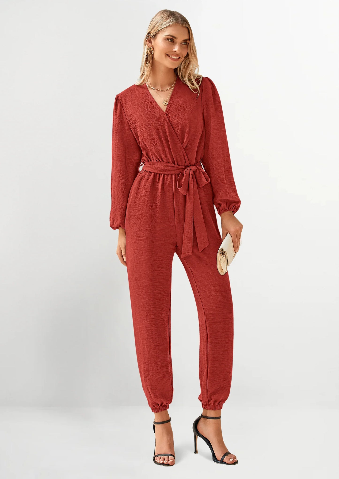 Women's Fall Jumpsuits Dressy Casual Pants Romper Spring Long Sleeve V Neck Belt Pockets One Piece Outfits
