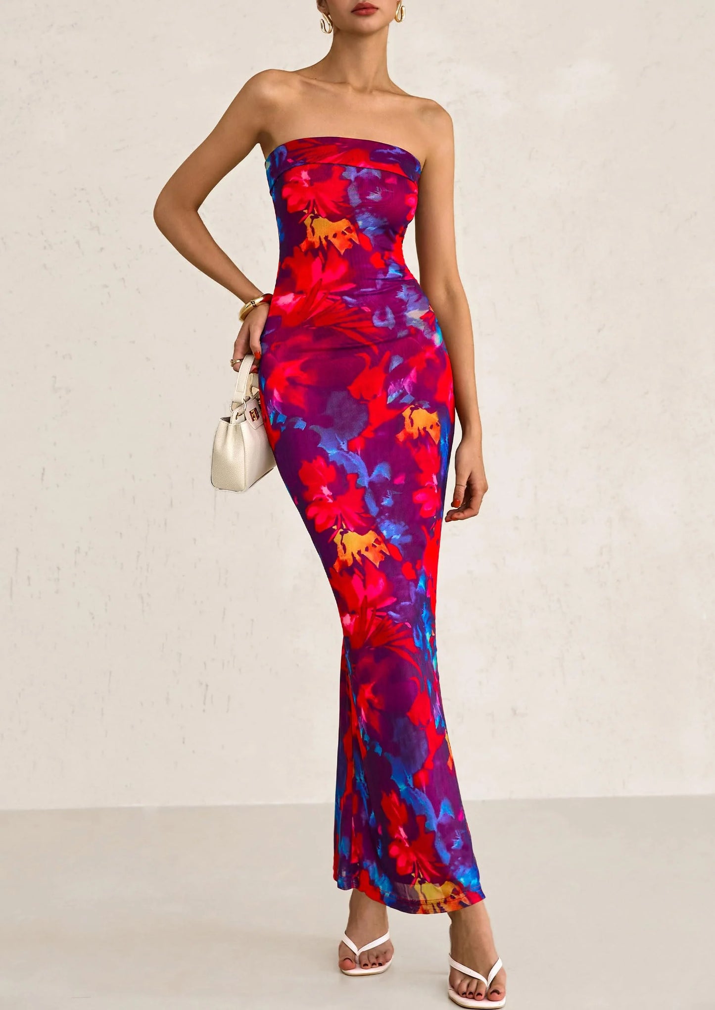 Womens Printed Tube Maxi Dress Strapless Bodycon Sleeveless Night Out Long Dresses