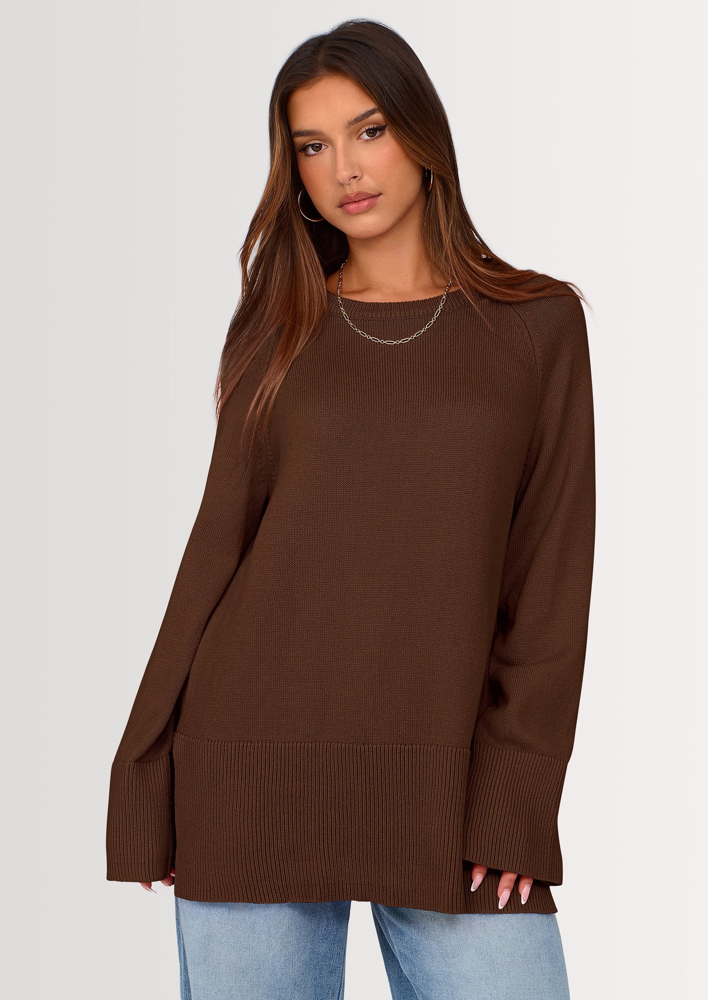 Women's Knit Fall Sweaters Long Sleeve Pullover Crewneck Split Hem Oversized Tunic Sweater Tops Winter Clothing