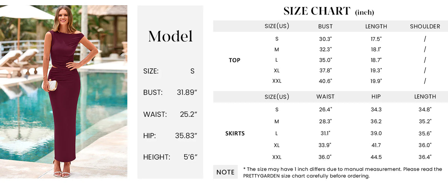 Maxi Skirt Sets Women 2 Piece Outfits Summer Spring One Shoulder Sleeveless Ruched Bodycon Long Skirts
