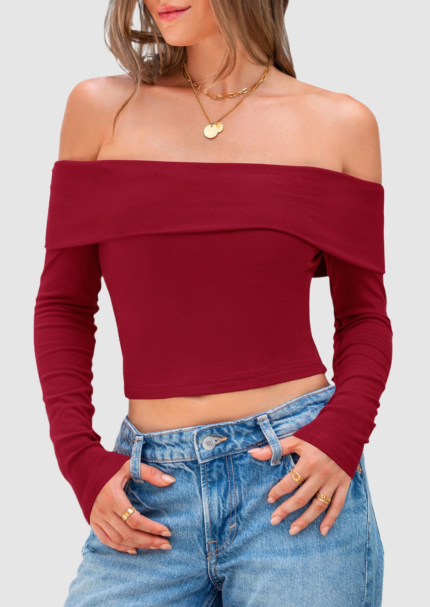 Off The Shoulder Tops for Women Long Sleeve Shirts Trendy Going Out Crop Top Spring Fashion Clothes