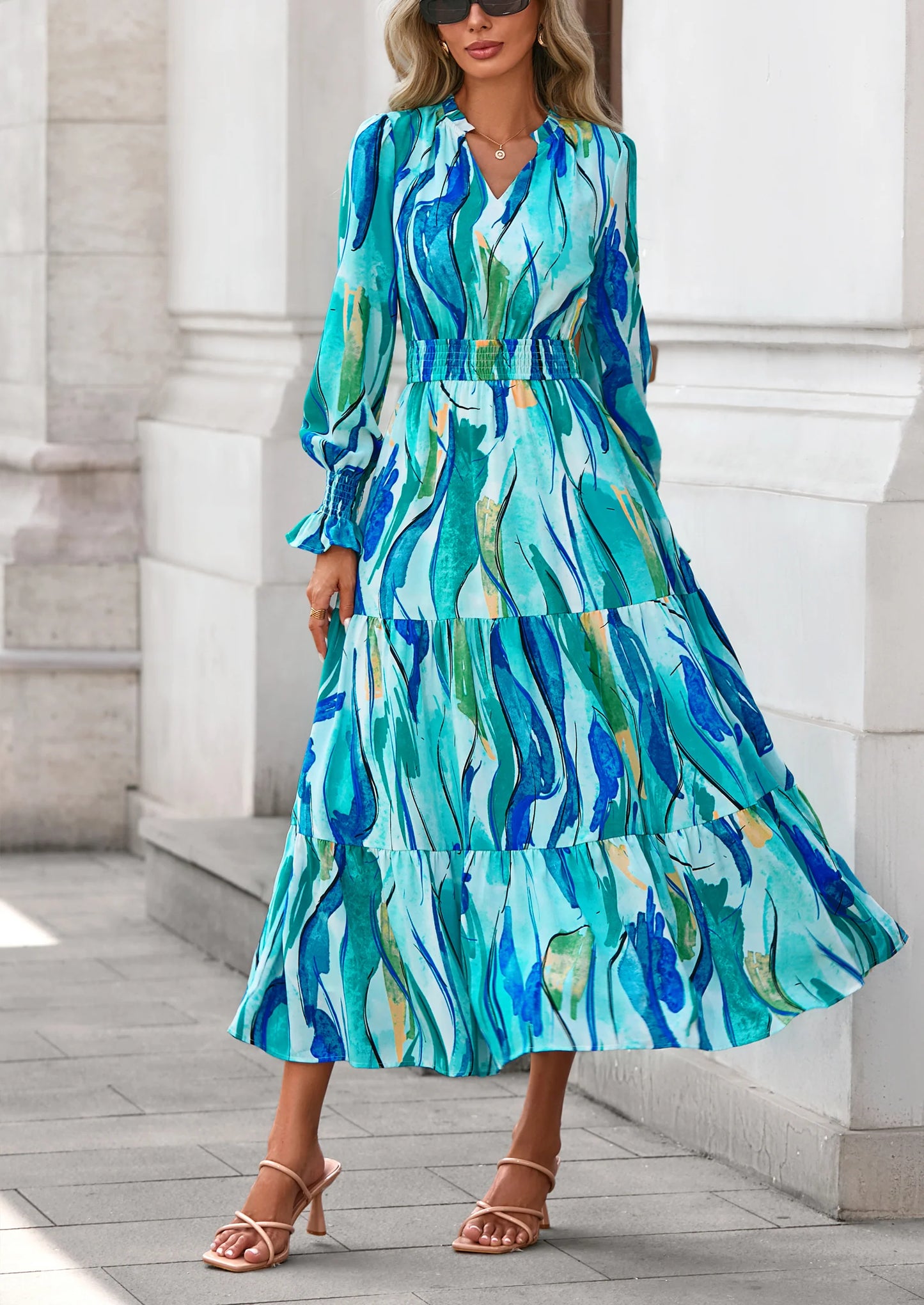 Women's Floral Maxi Dress Spring Long Sleeve V Neck Casual A Line Long Flowy Boho Party Dresses