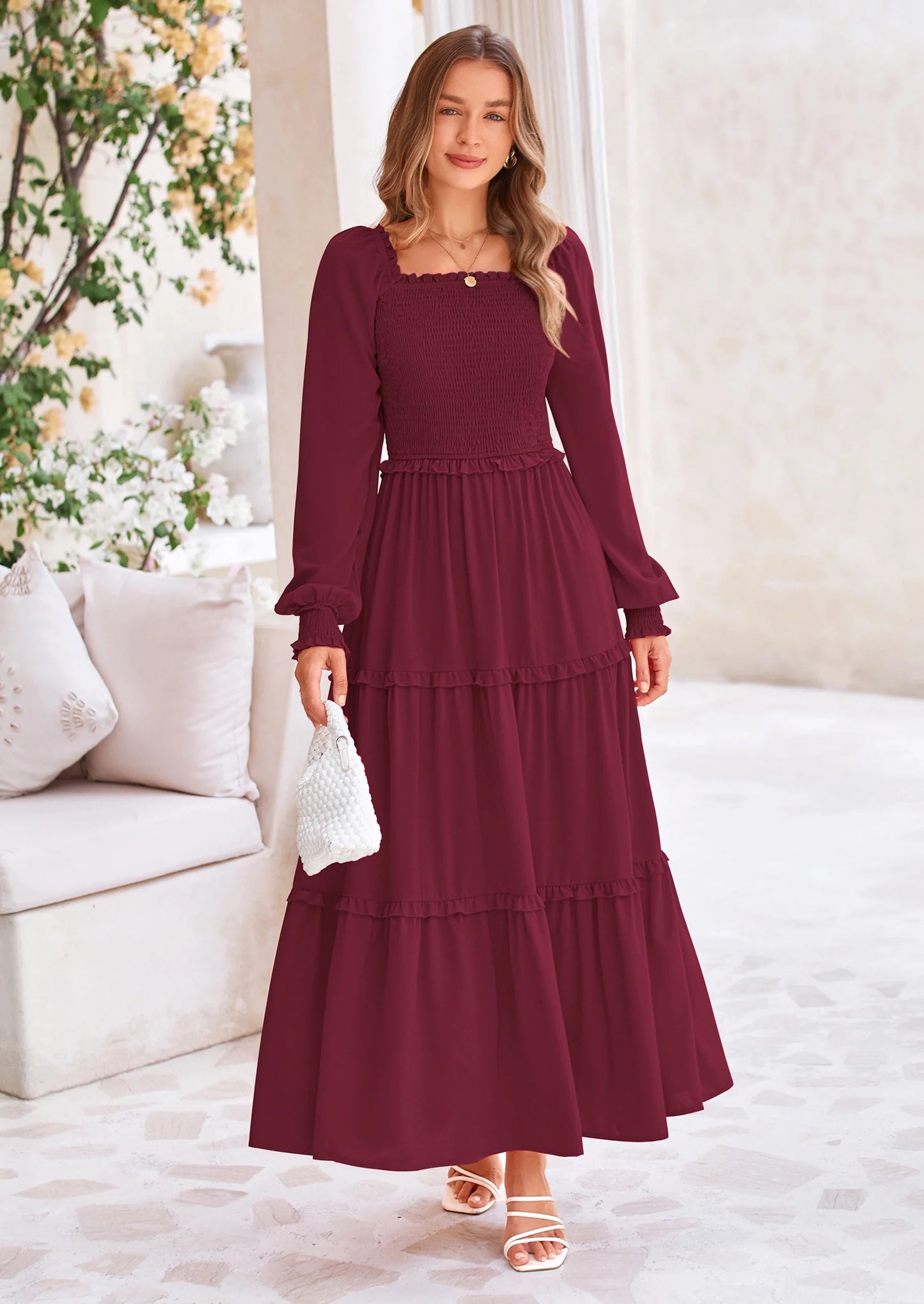 Fall Wedding Guest Dresses for Women Long Sleeve Square Neck Tiered A Line Modest Elegant Flowy Dresses