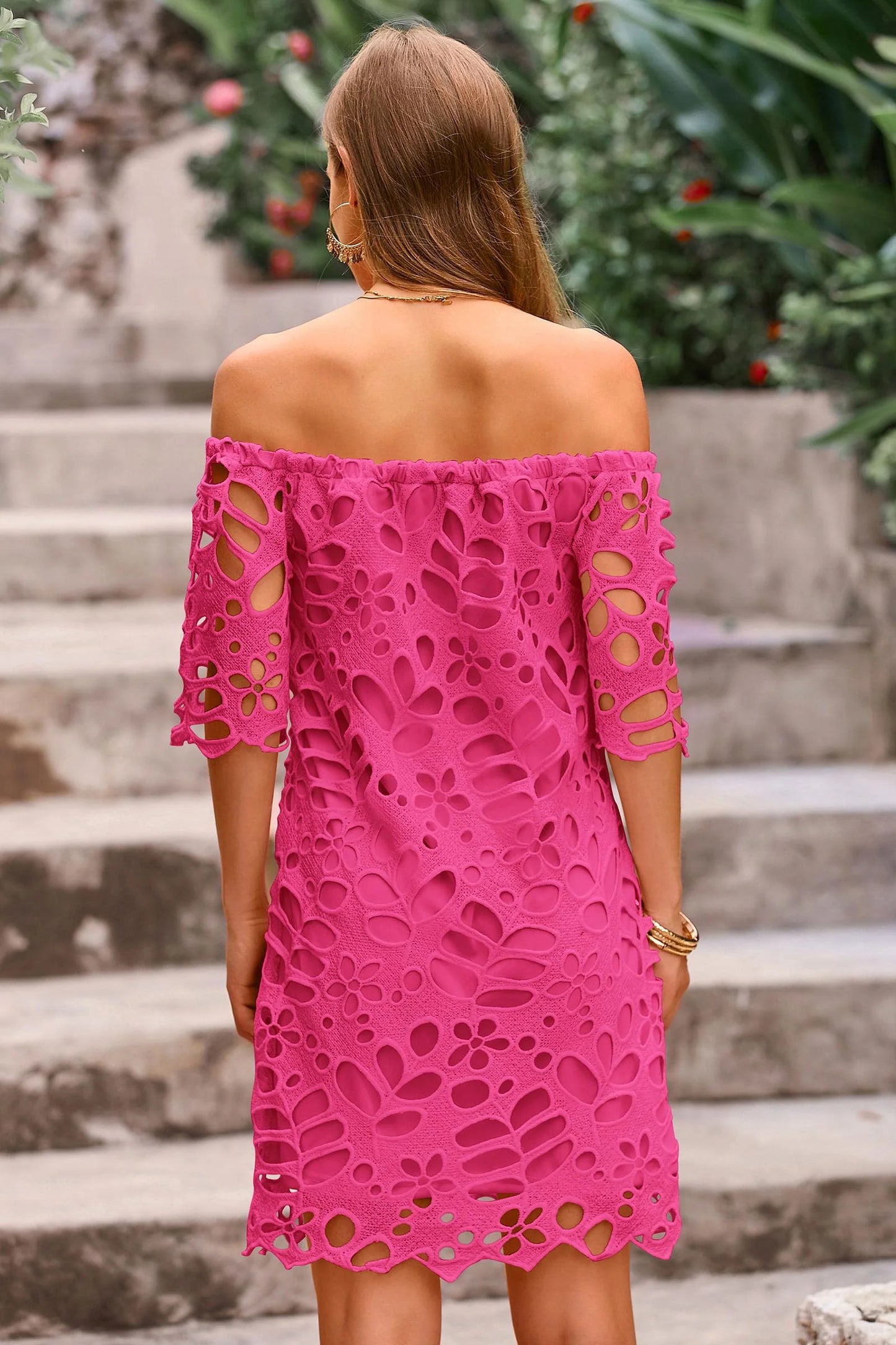 Women's Summer Off Shoulder Dresses Floral Lace Flare Short Sleeve Spring Vintage Elegant Mini Dress