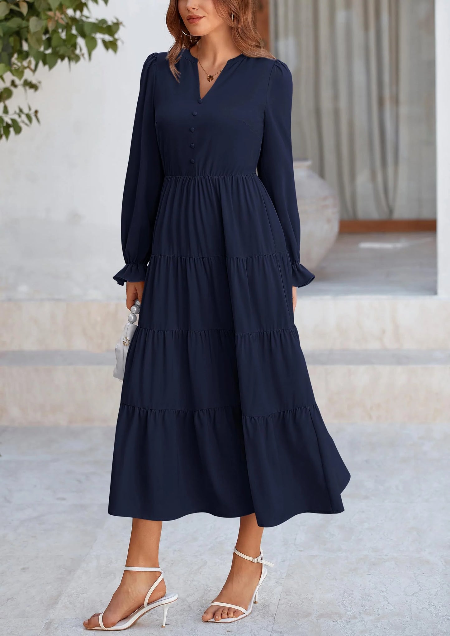 Women Fall Long Sleeve Smocked Maxi Dress Casual Square Neck Swiss Dot Tiered Ruffle Flowy Spring Pocket Dresses