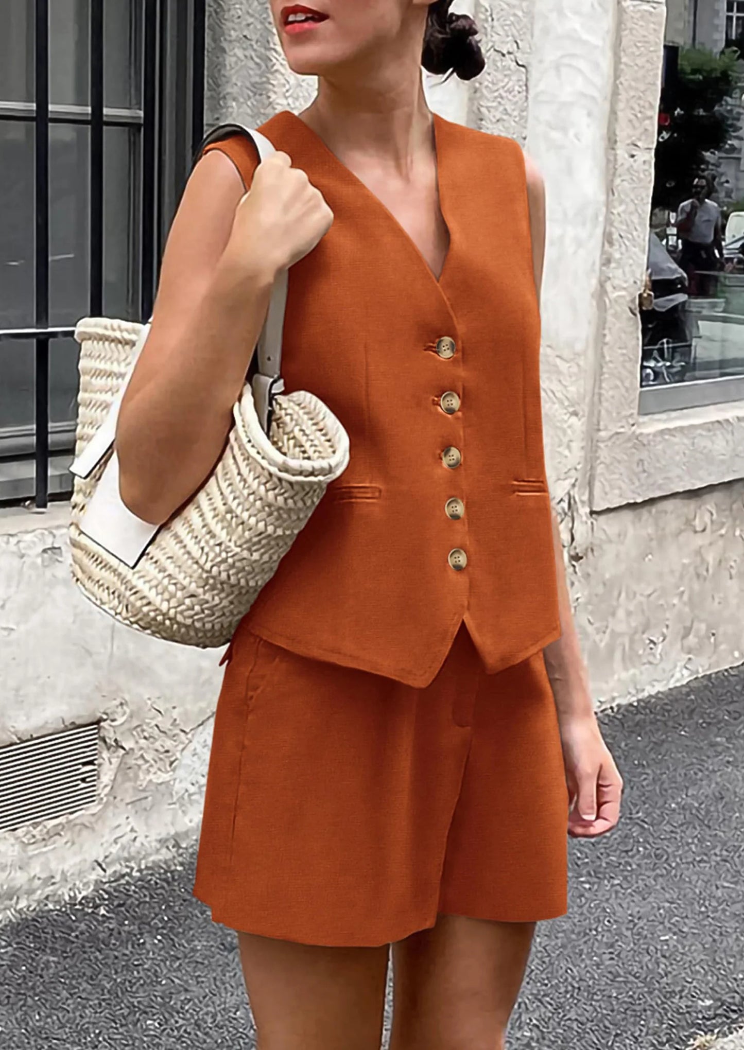 Women's Summer 2 Piece Outfits Sleeveless Matching Sets Button Down V Neck Vest Waistcoat and Pockets Shorts