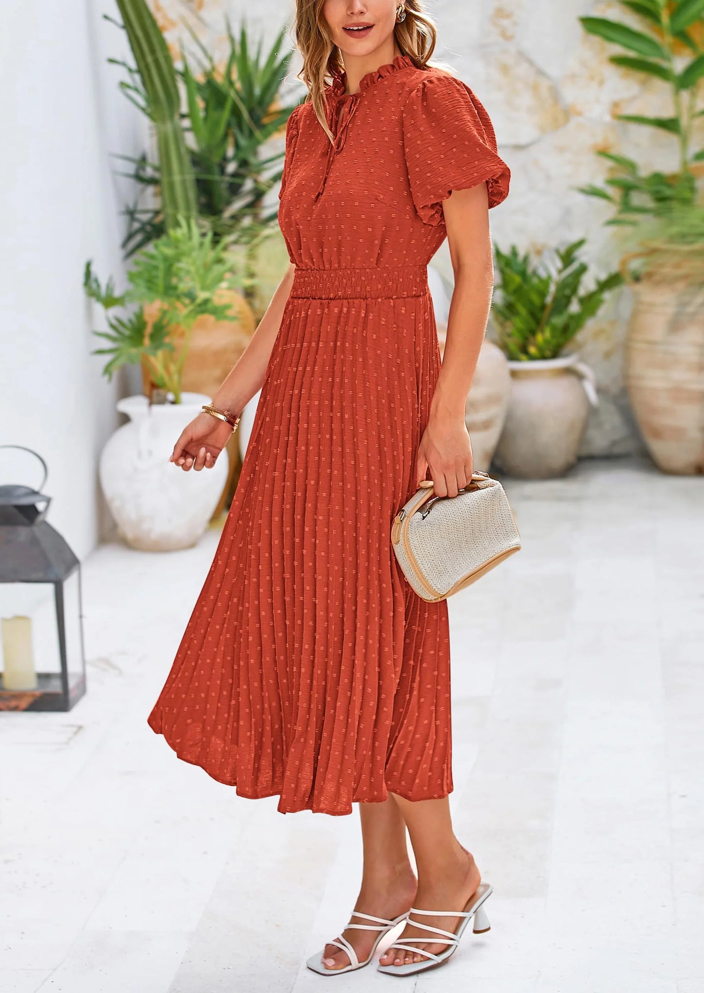 Womens Midi Dresses Puff Short Sleeve V Neck Swiss Dot Pleated A Line Flowy Long Wedding Guest Dress