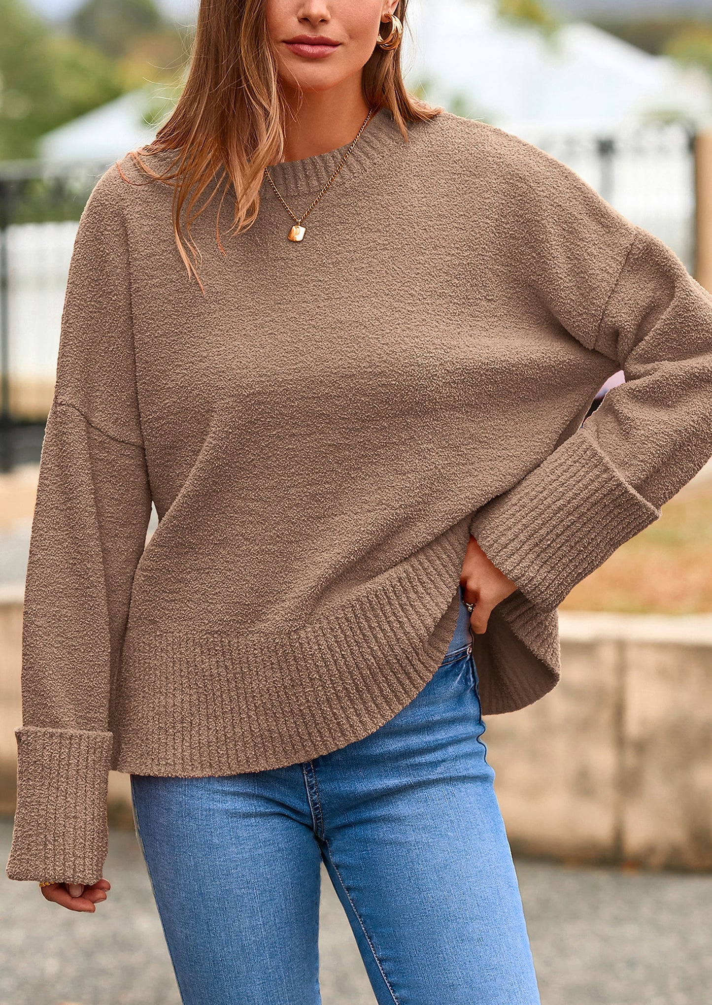 Women's Fall Oversized Sweaters Casual Crewneck Pullover Long Sleeve Fuzzy Chunky Knit Tops Blouse