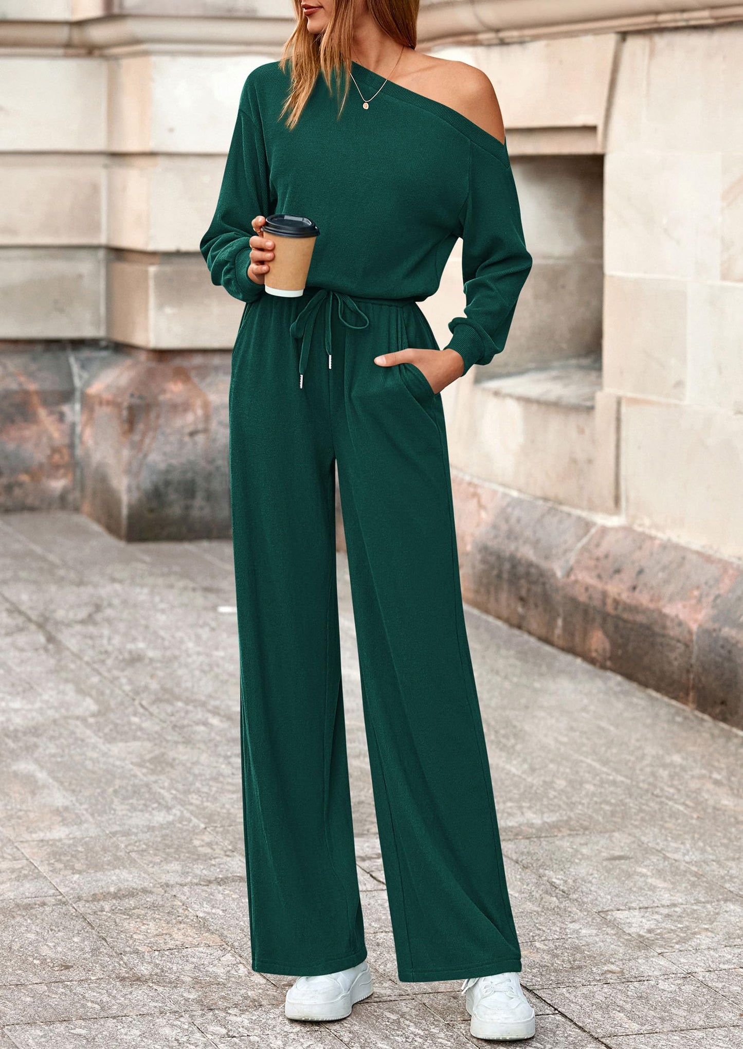 Long Sleeve Jumpsuit For Women Dressy Off Shoulder One Piece Loose Wide Leg Jumpsuits Casual Flowy Romper