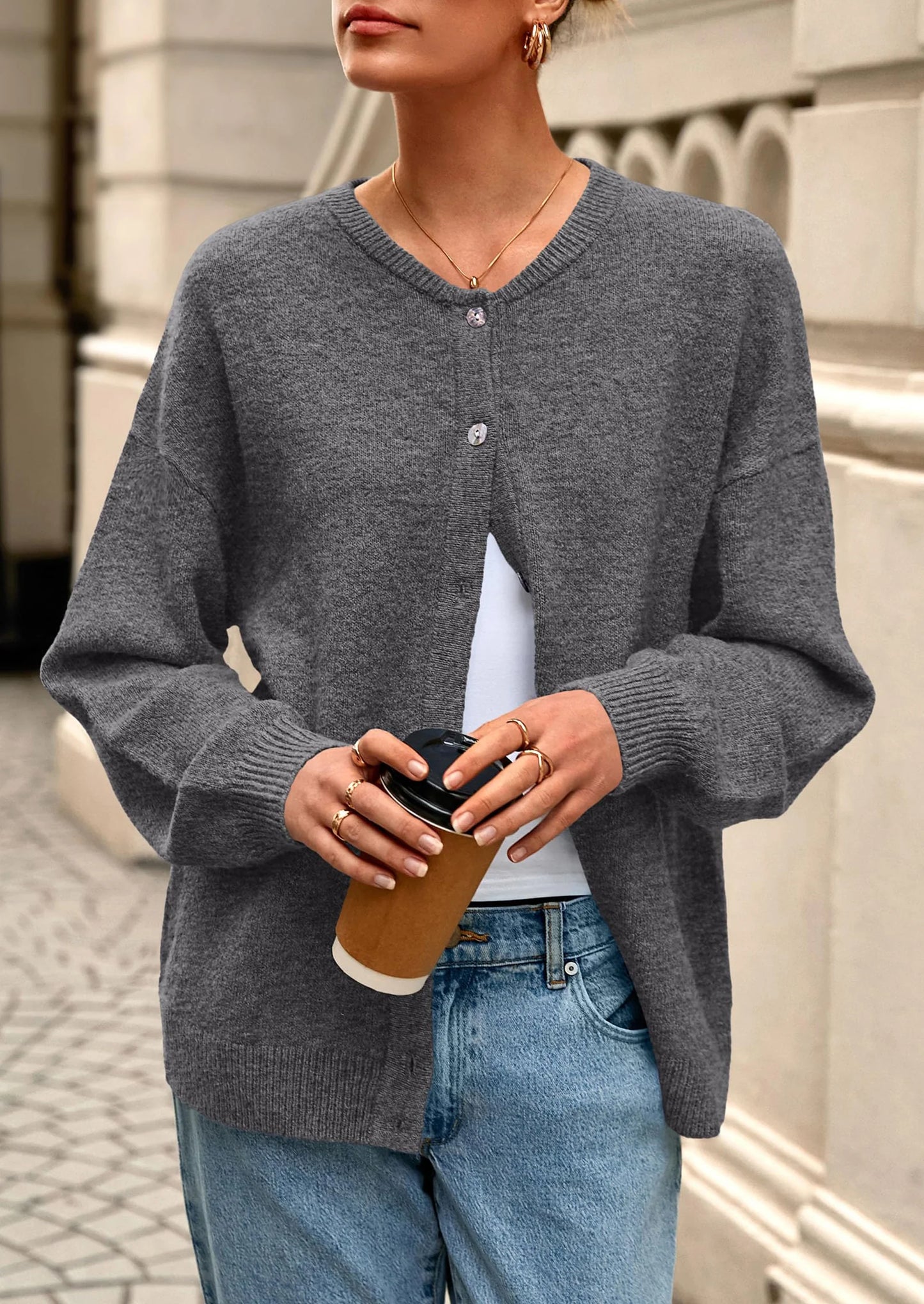 Fall Long Sleeve Cardigans for Women Trendy Open Front Winter Button Down Crewneck Soft Knit Sweater Jacket