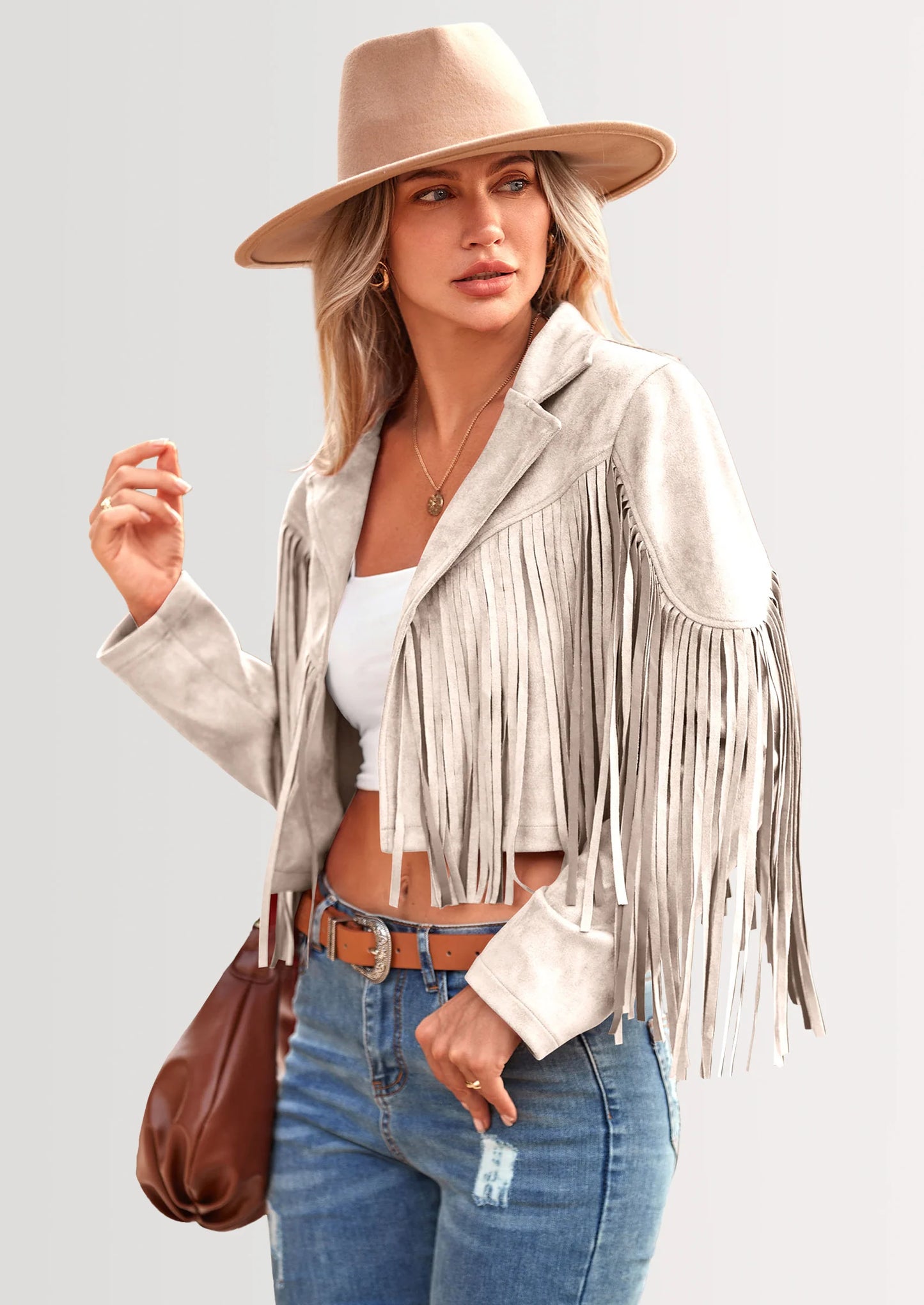 Women's Fringe Faux Suede Leather Jackets Fashion Tassel Motorcycle Cropped Coats