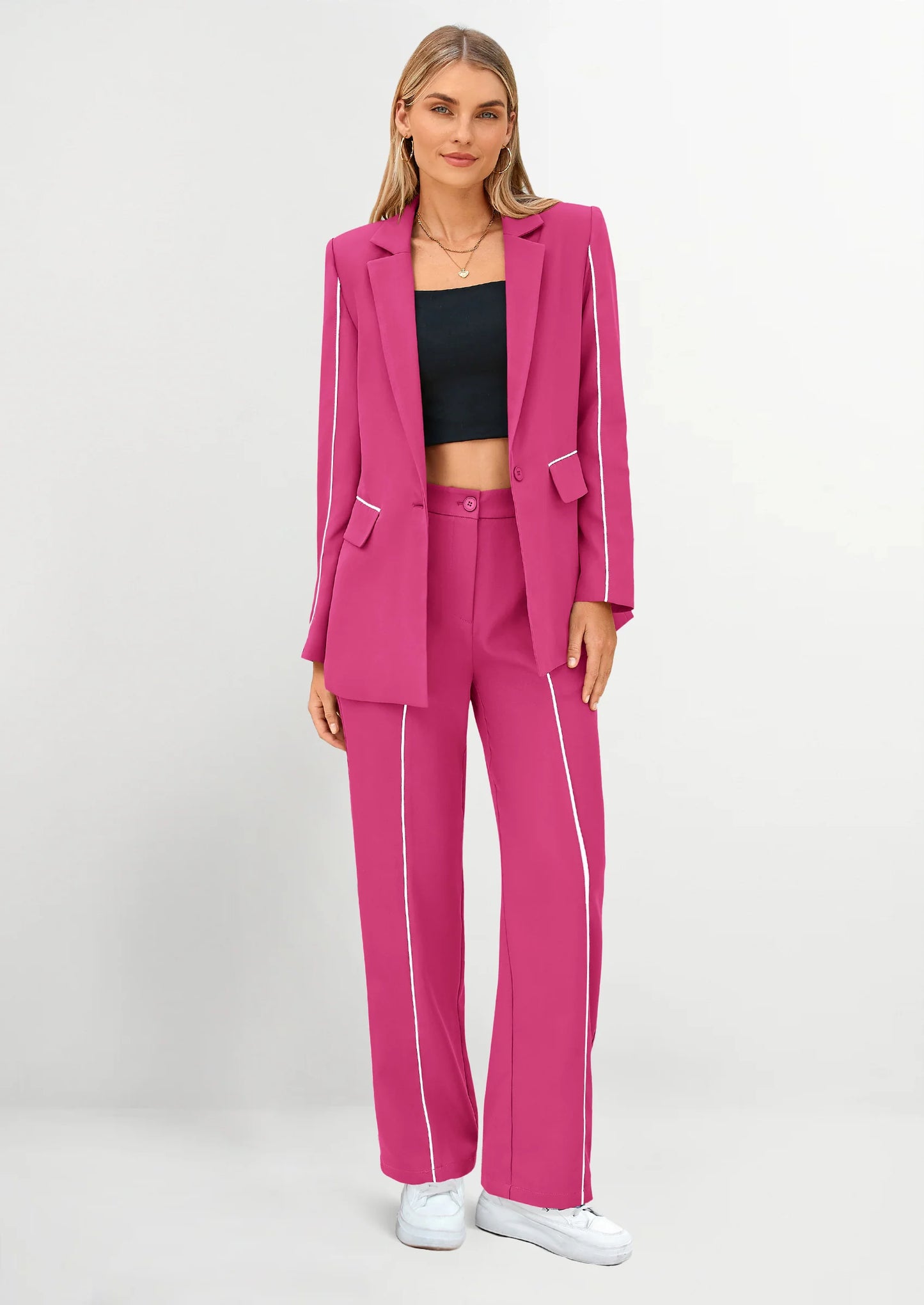 2 Piece Blazer Outfits Business Casual Oversized Jacket Wide Leg Work Pants Dressy Suit Set