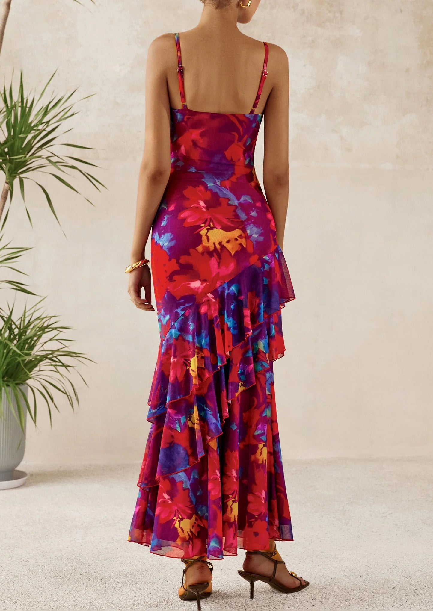 Maxi Dresses for Women Floral Beach Sundress Spaghetti Strap Tiered Wedding Guest Long Dress