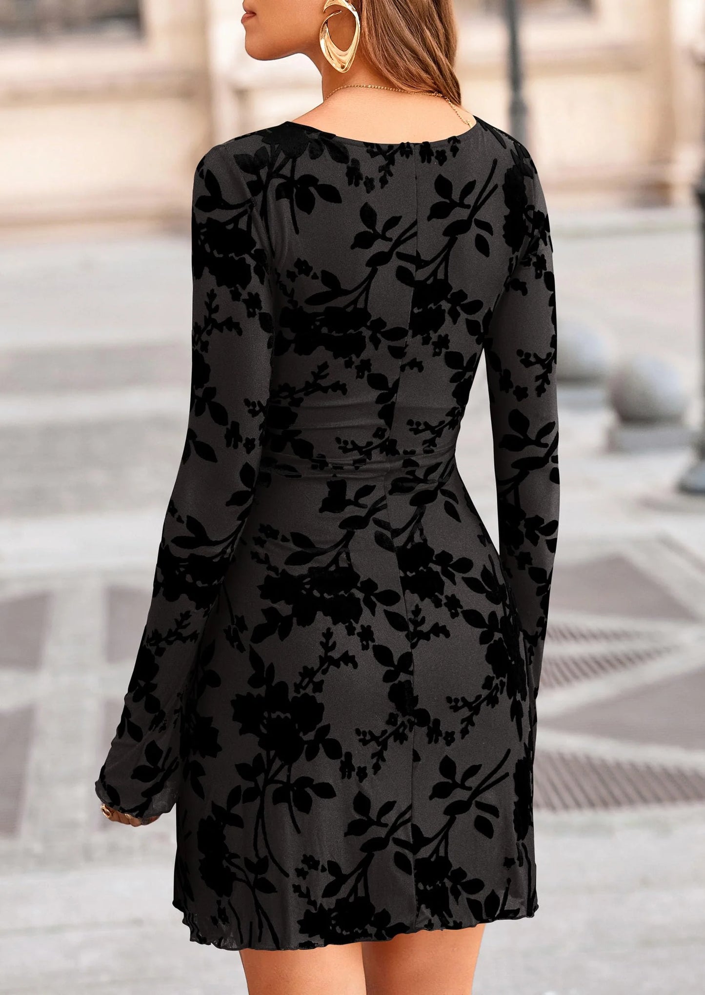 Women's Fall Fashion Floral Long Sleeve Mini Dress Mesh Bodycon Short Party Date Night Going Out Dresses
