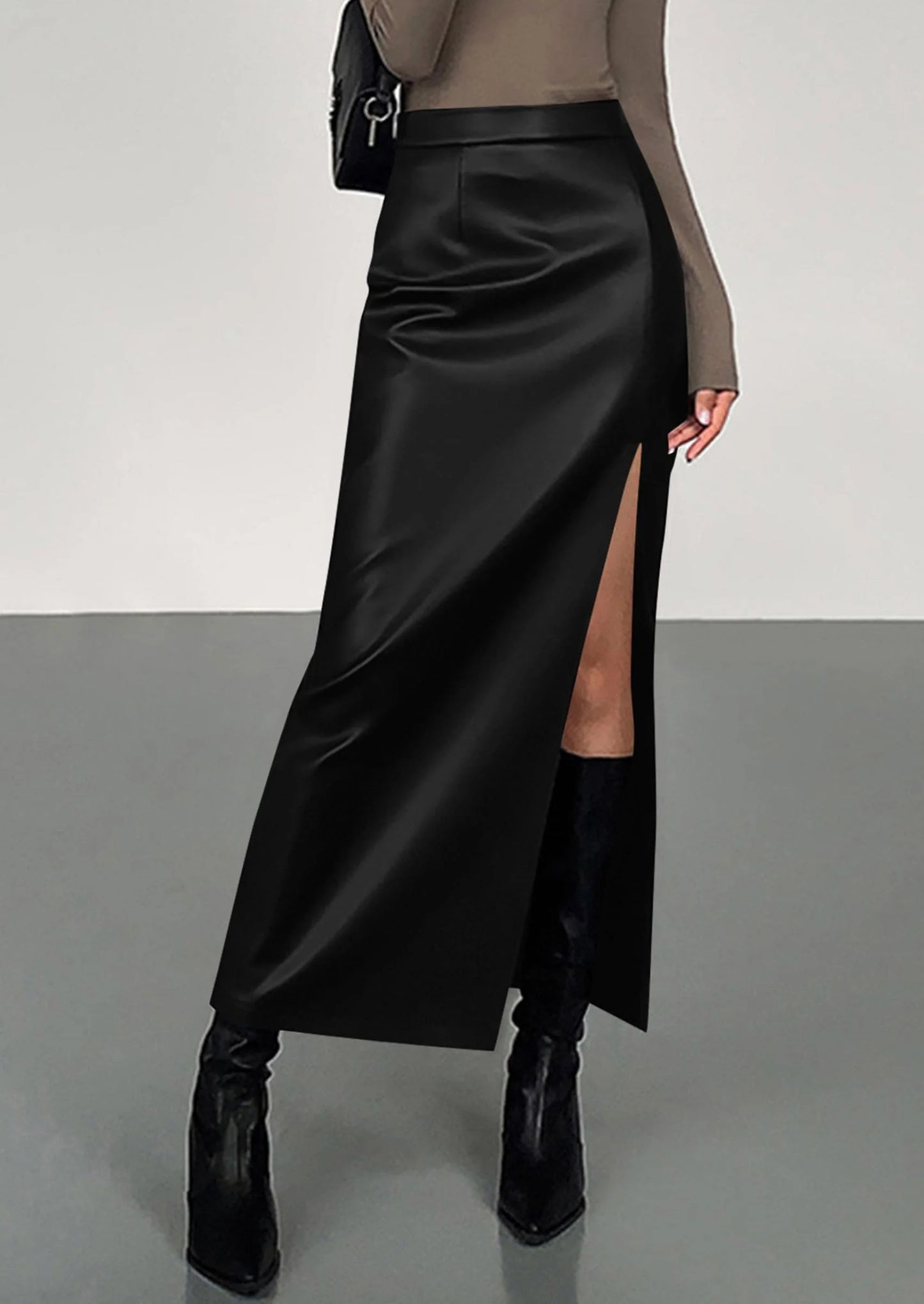 Womens Faux Leather Skirt Fall Bodycon High Waisted Slit Dressy Casual Winter Maxi Long Pencil Skirts
