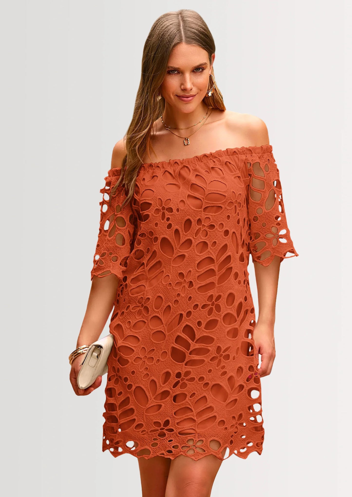 Women's Summer Off Shoulder Dresses Floral Lace Flare Short Sleeve Spring Vintage Elegant Mini Dress